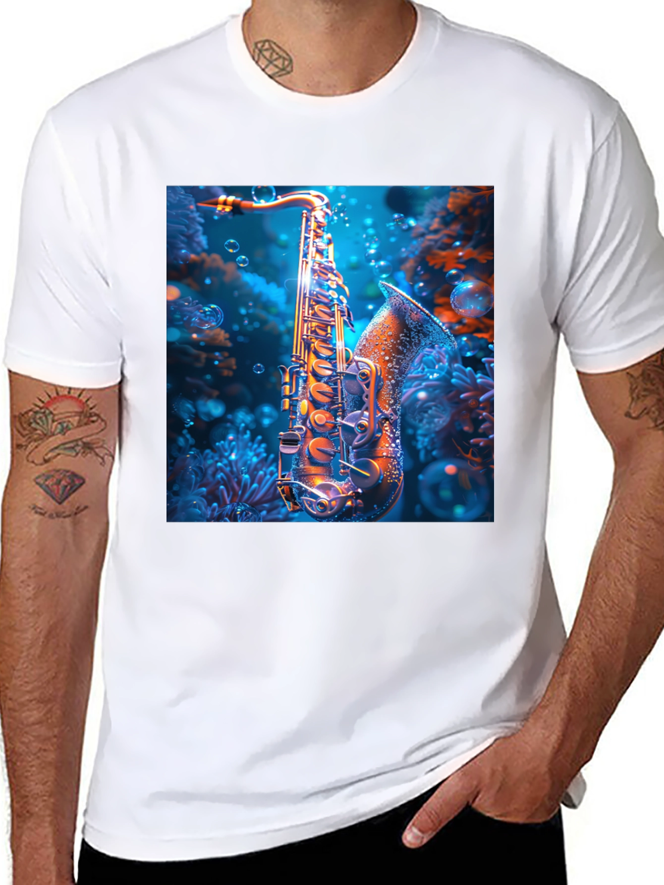 Black Saxophone Underwater T-Shirt - Unique Musical Design view 8