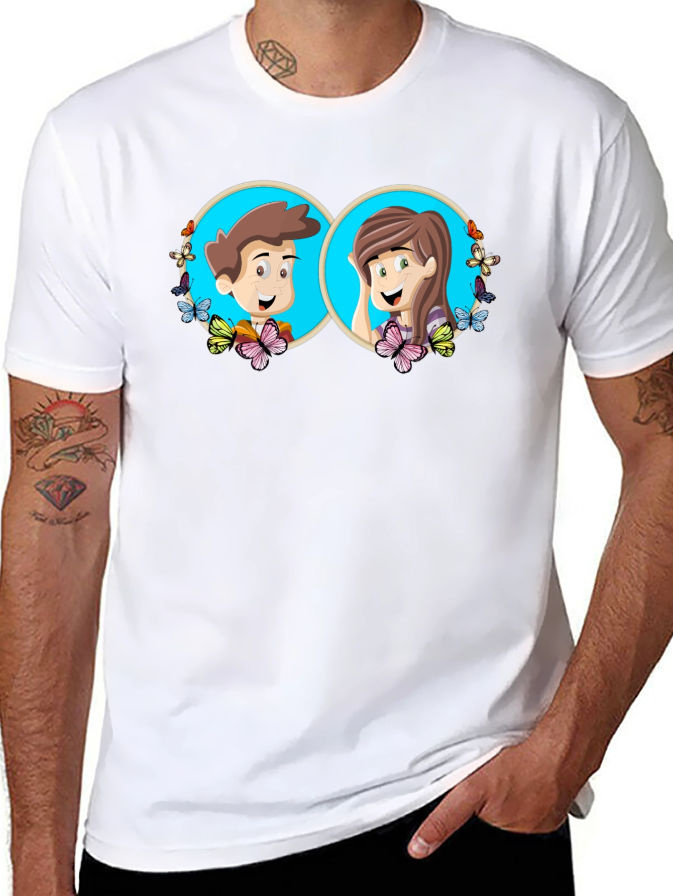 Black Cartoon Couple Graphic Tee - Quirky Black T-Shirt view 8