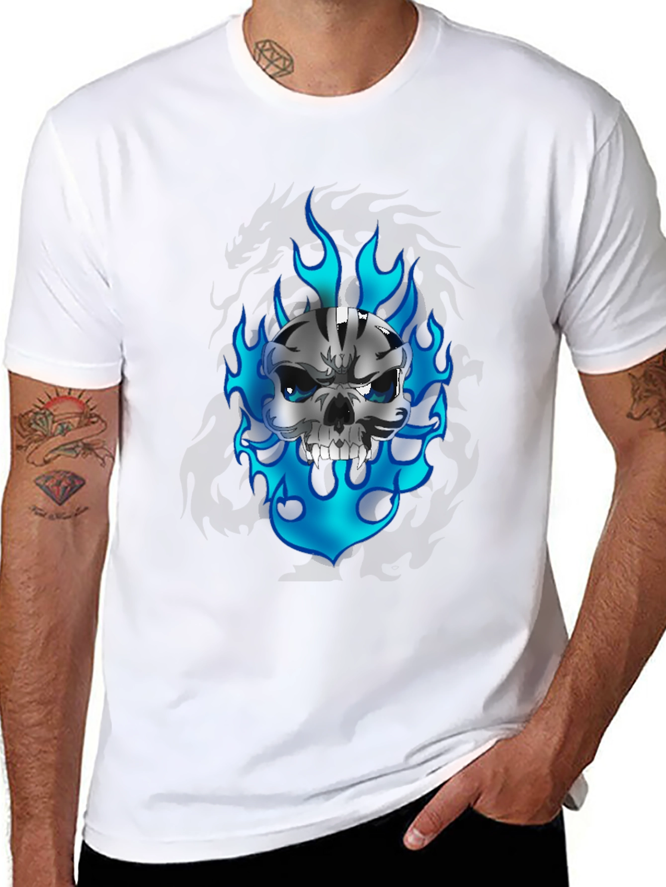 Black Skull and Flames Graphic Tee view 8