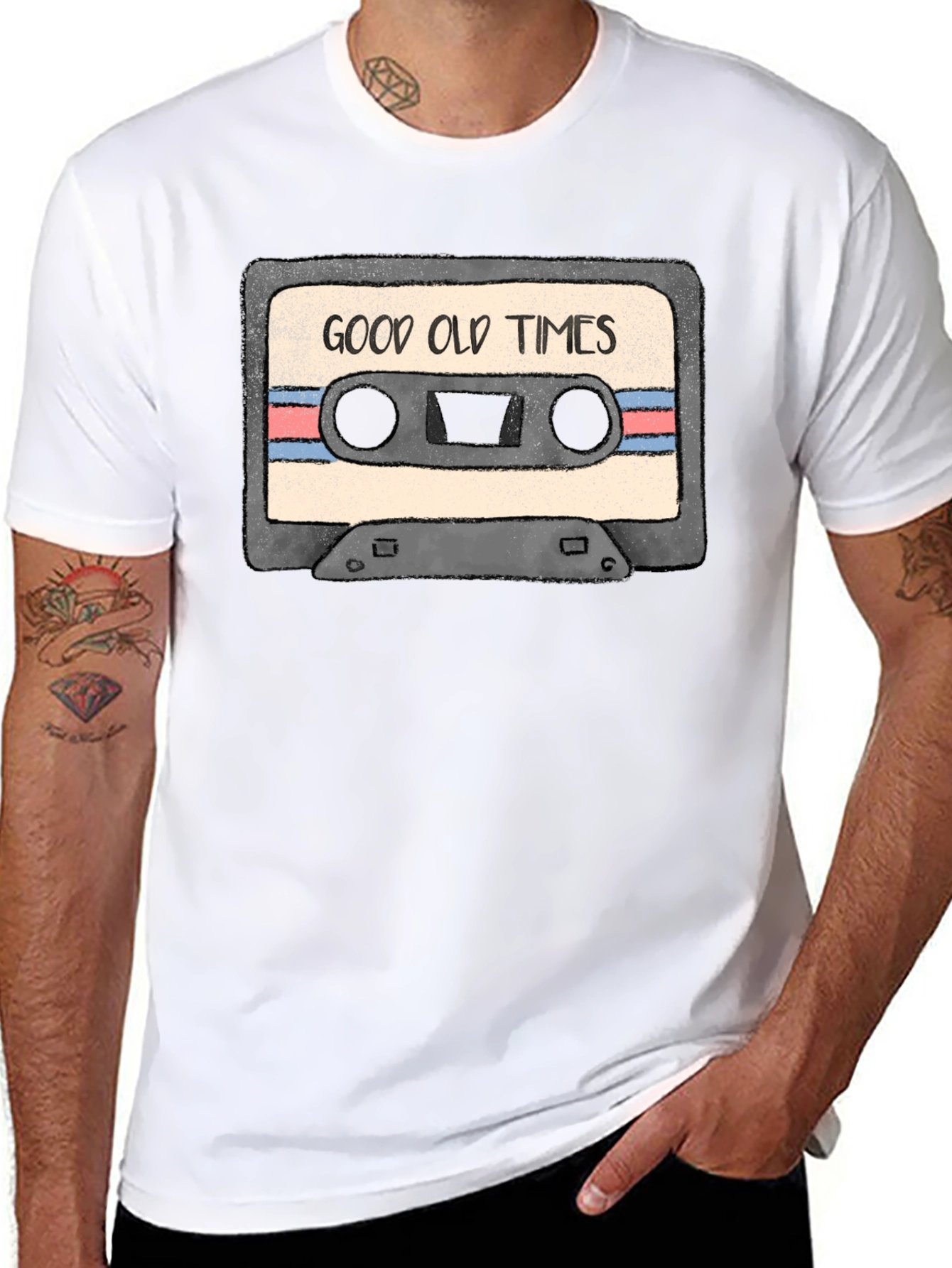 Black Good Old Times Cassette Tape Graphic T-Shirt view 8