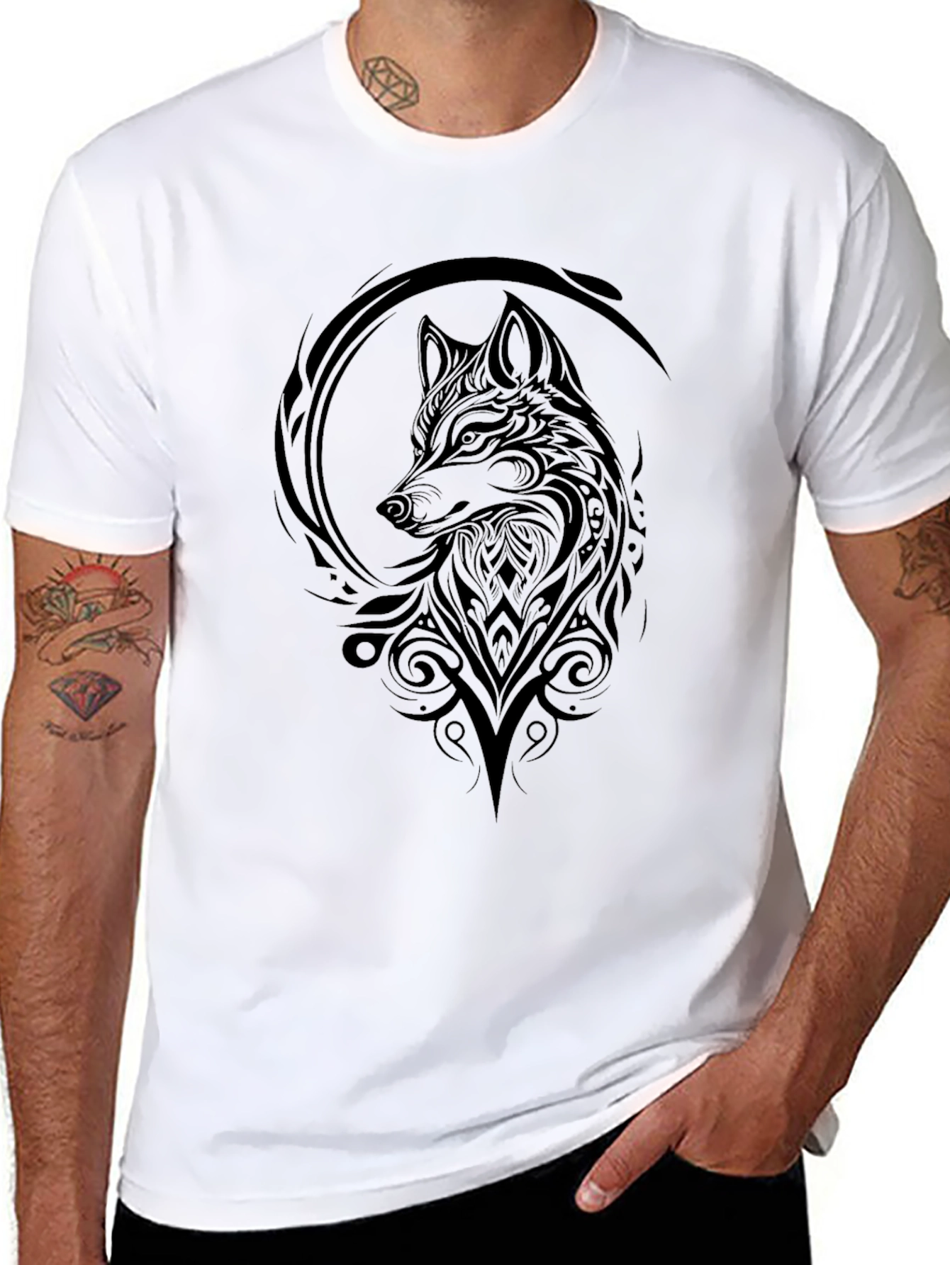 Black Wolf Tribal Art Graphic Tee - Black Cotton T-Shirt view 8