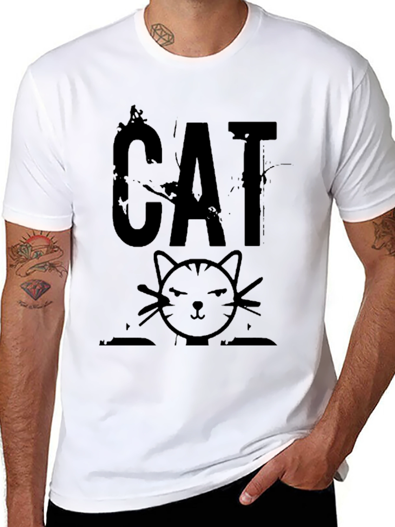 Black Distressed CAT Graphic Print Men's Black T-Shirt view 8