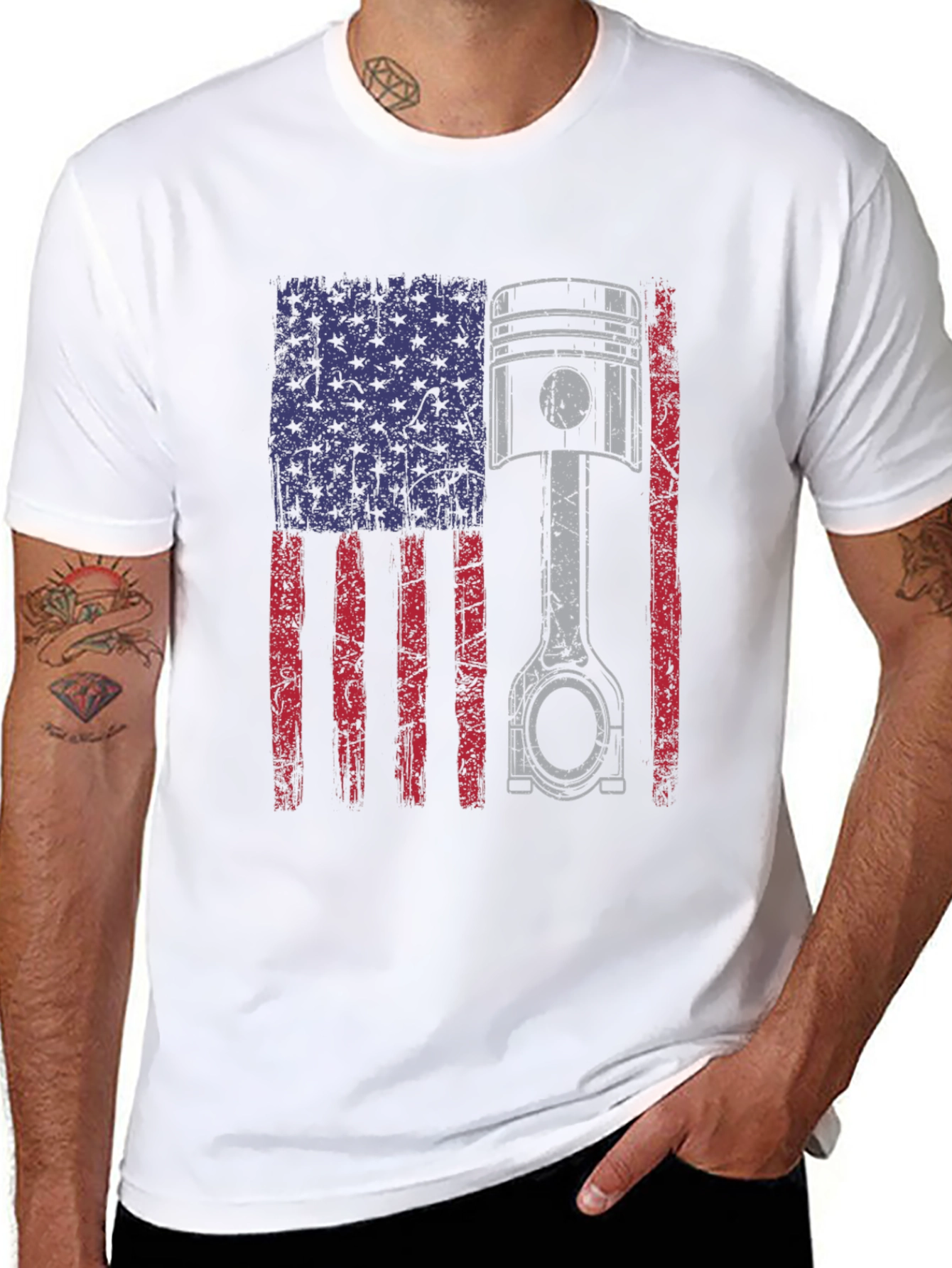Black American Flag Piston T-Shirt - Automotive Enthusiast Apparel view 8