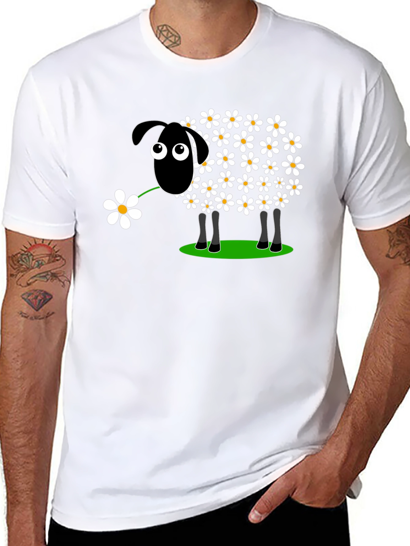 Black Daisy Sheep Graphic Tee - Black Cotton T-Shirt view 8