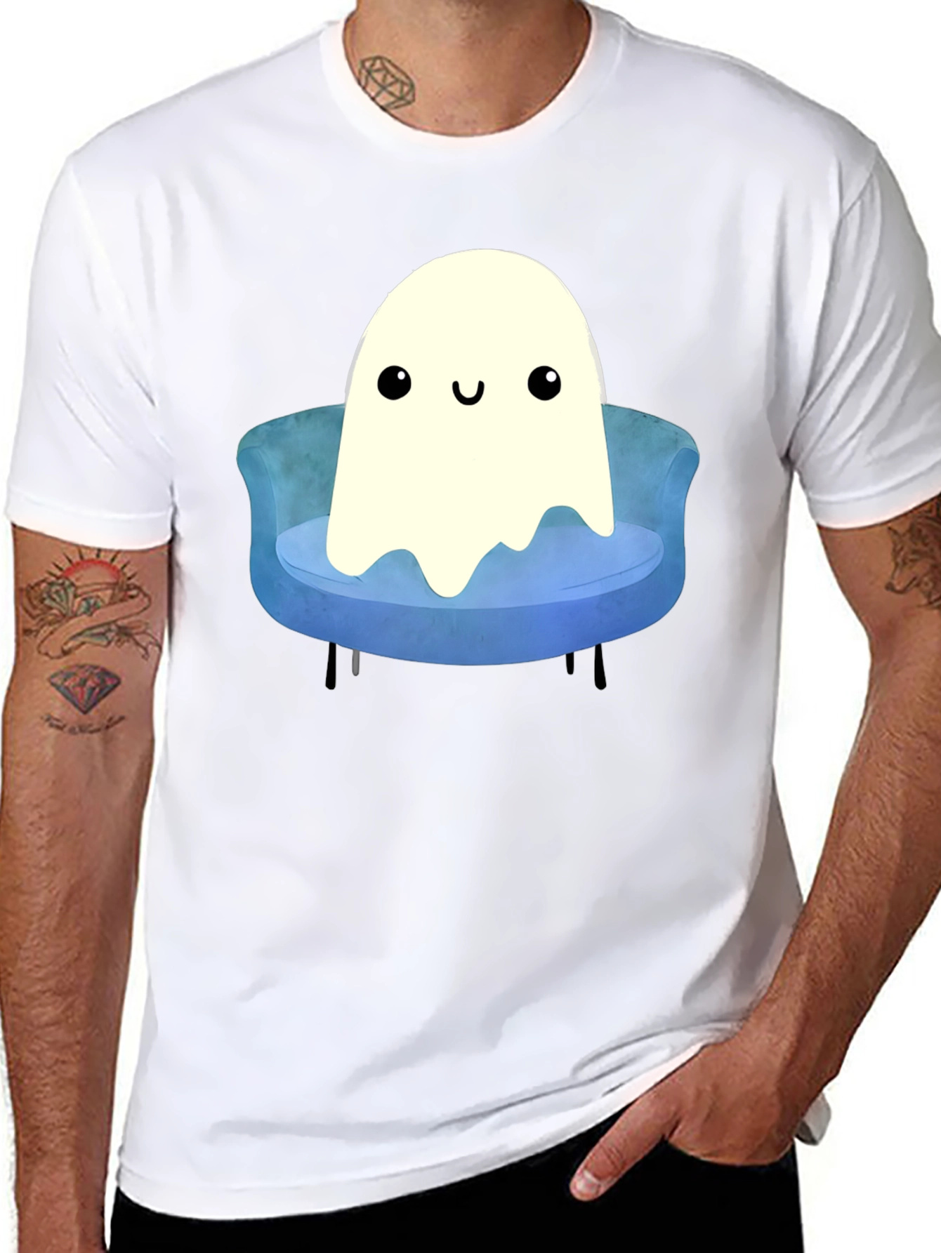 Black Cute Ghost on Couch T-Shirt - Spooky Season Apparel view 8