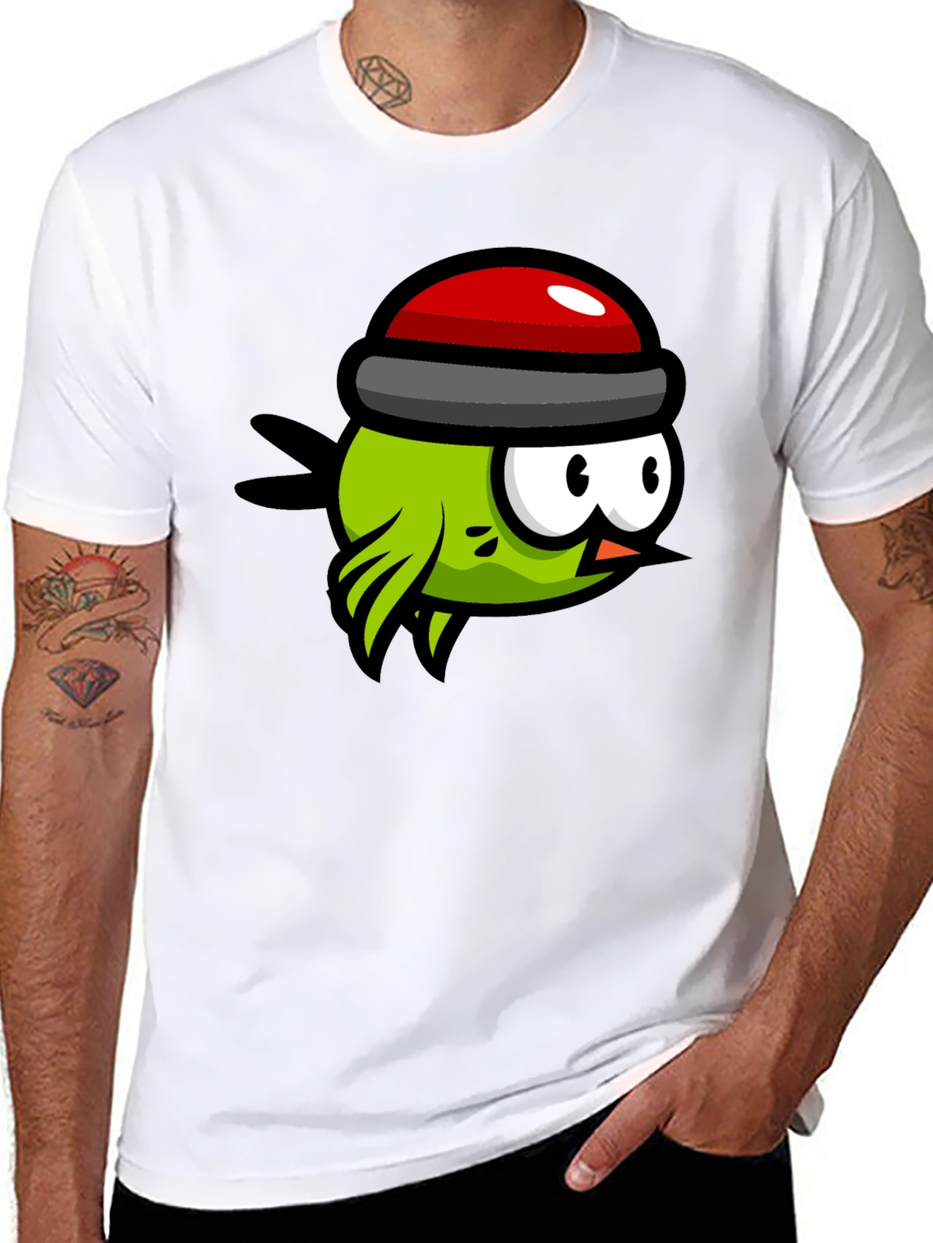 Black Cartoon Bird Graphic Tee - Quirky Black T-Shirt view 8