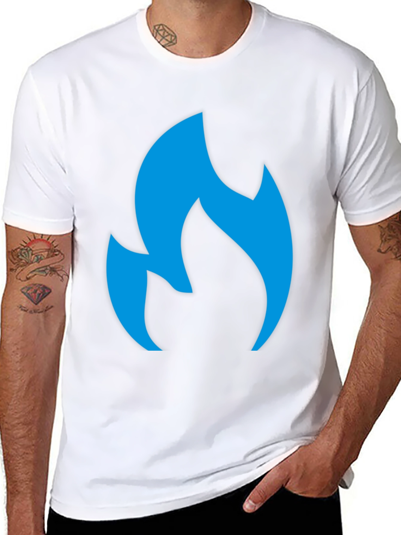 Black Men's Black T-Shirt with Blue Flame Graphic view 8