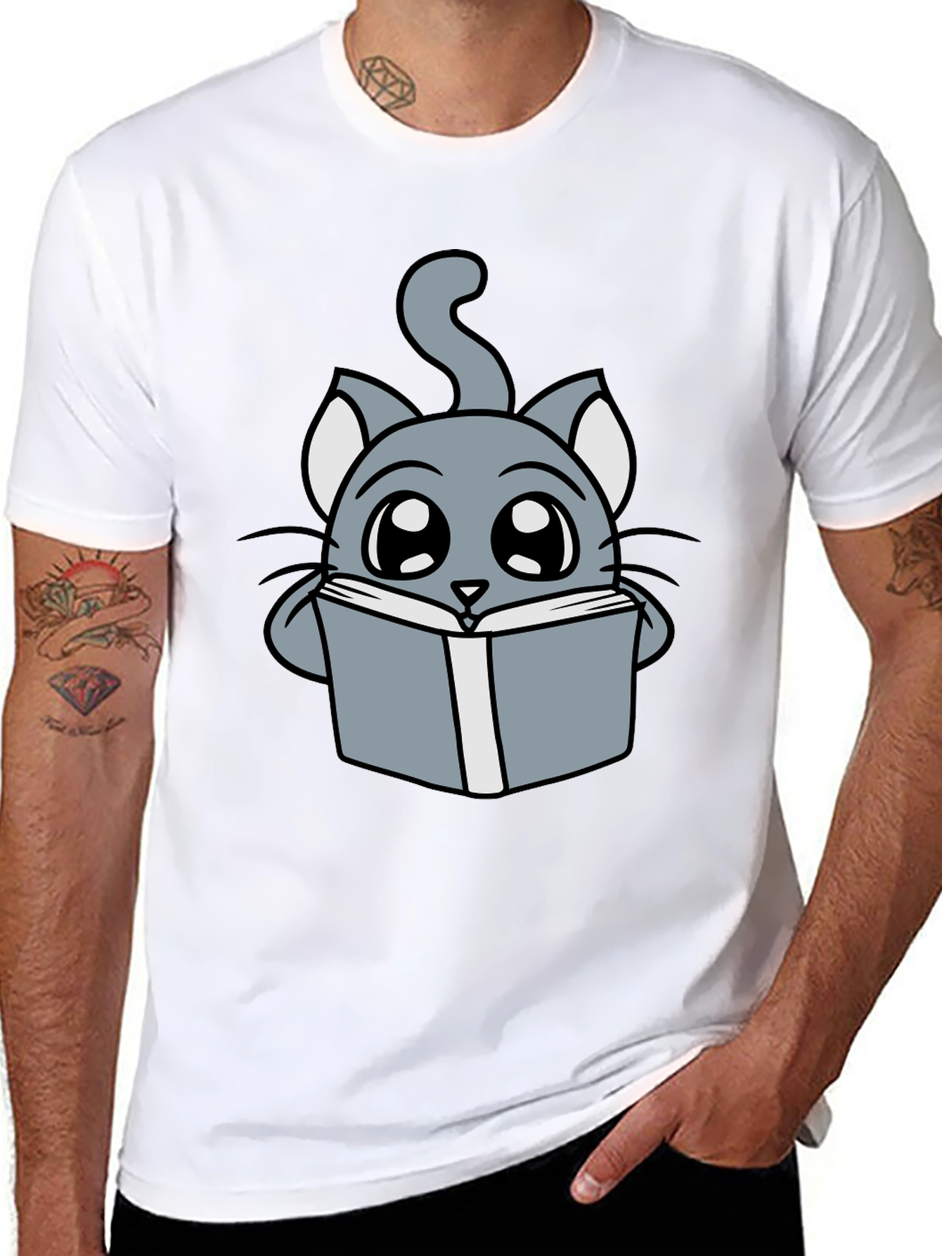 Black Cute Cartoon Cat Reading T-Shirt view 8