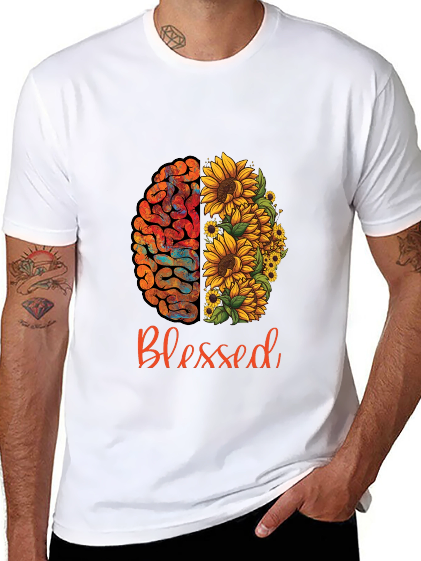 Black Blessed Brain & Sunflower Graphic Tee - Unisex Cotton T-Shirt view 8