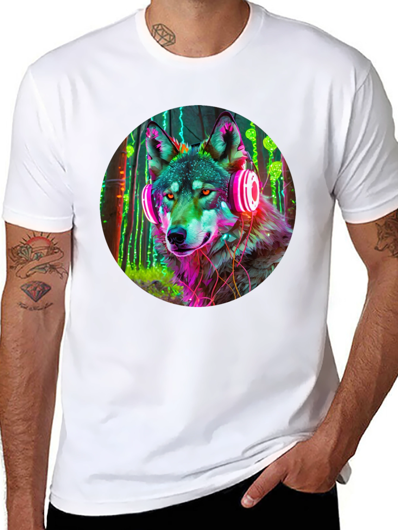 Black Neon Wolf Headphones Graphic Tee view 8