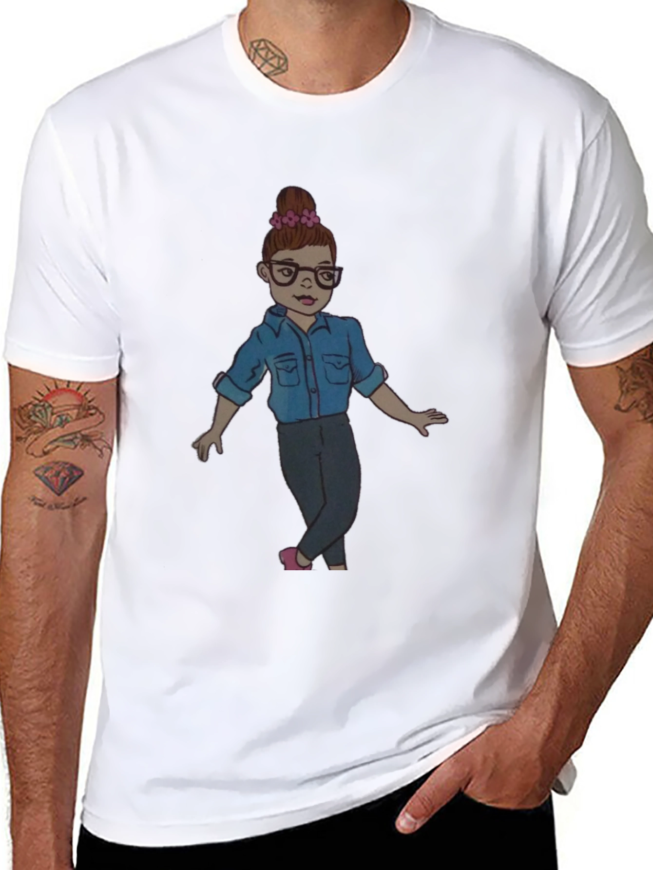 Black Black Tee with Cartoon Girl Design view 8