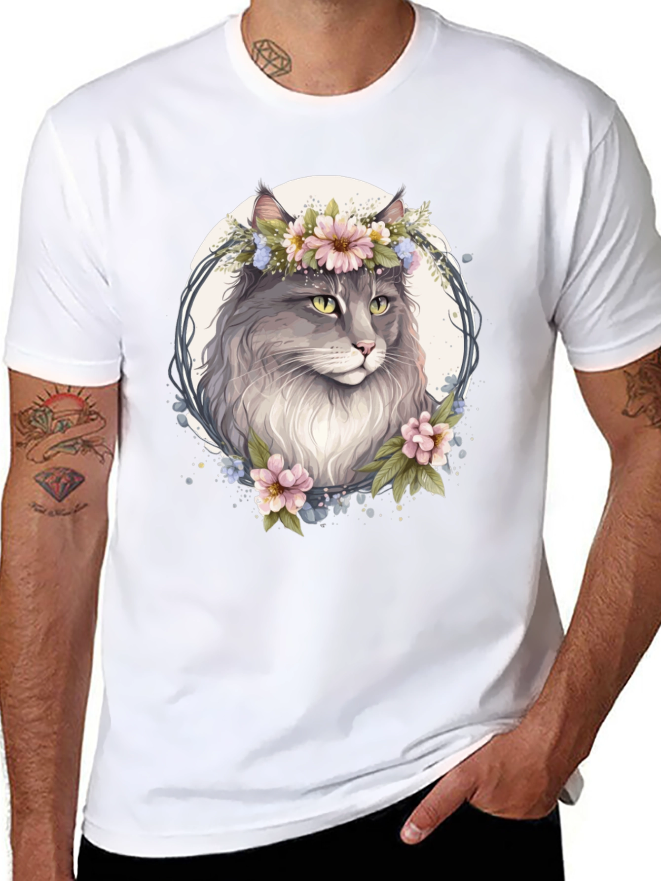 Floral Cat Graphic Black T-Shirt - 8