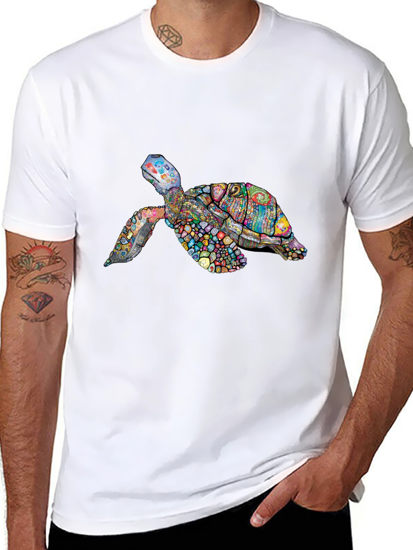 Black Vibrant Turtle Graphic Tee - Black Cotton T-Shirt view 8