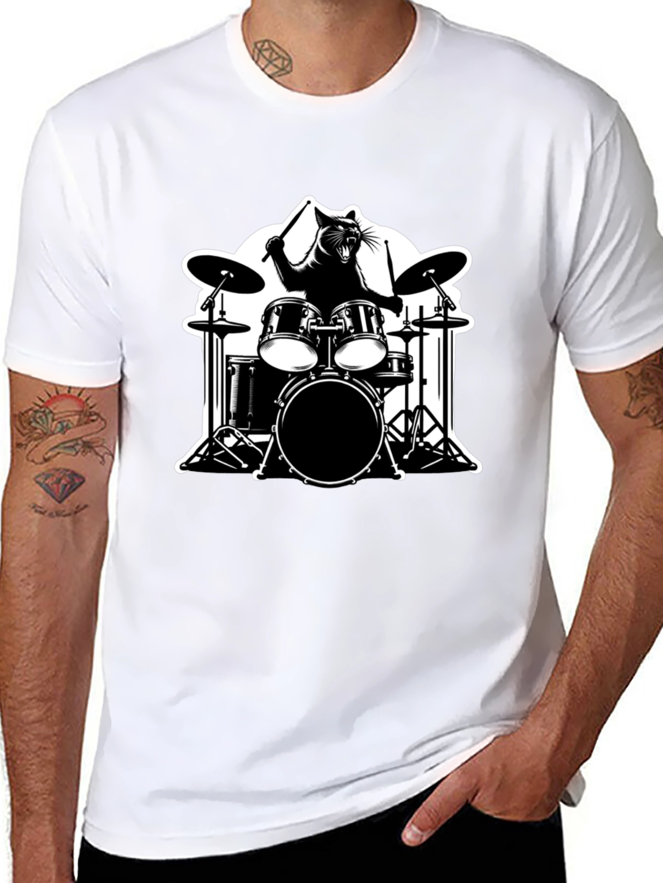 Black Cat Drummer Graphic T-Shirt view 8