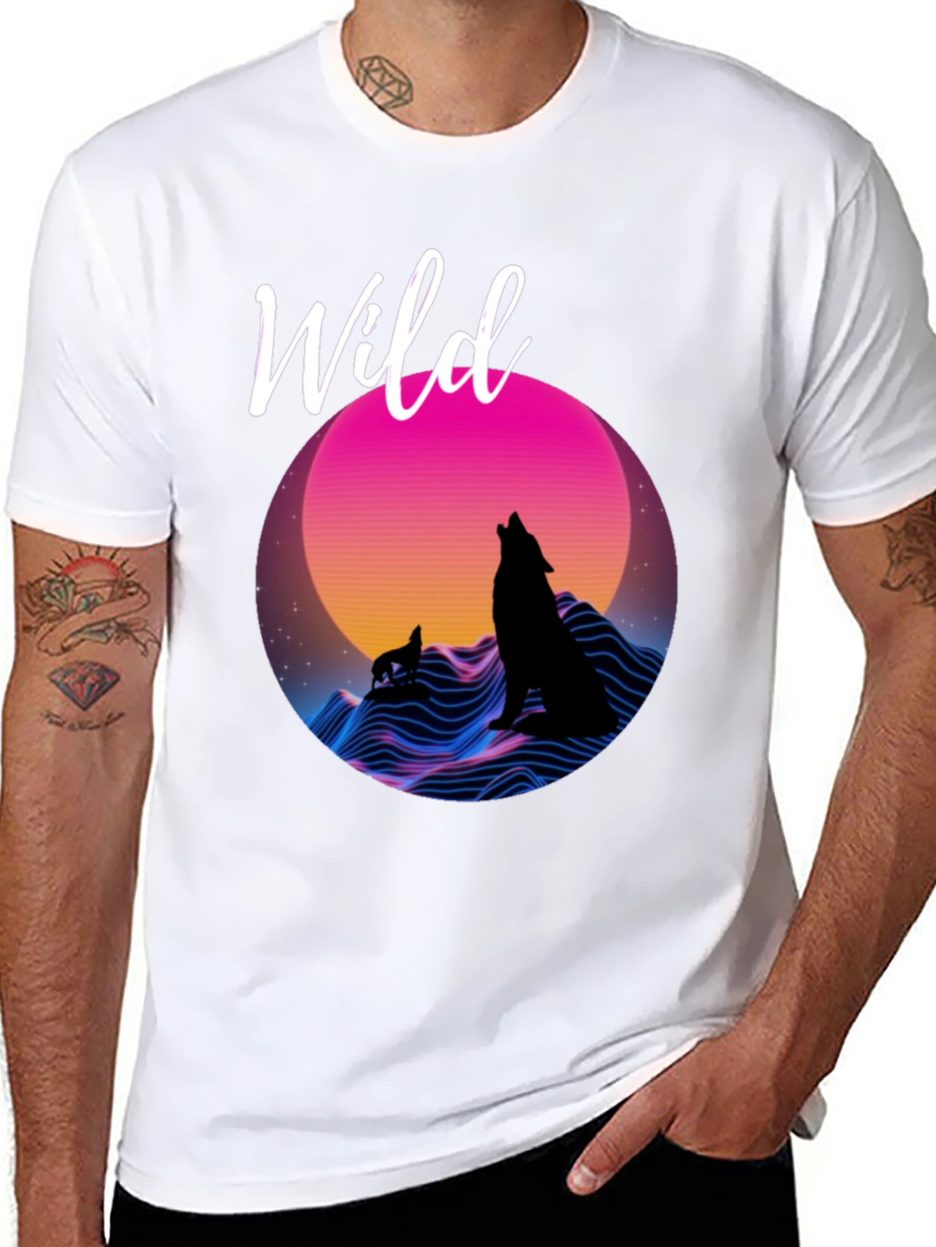 Black Wild Graphic T-Shirt - Retro Wolf Design view 8