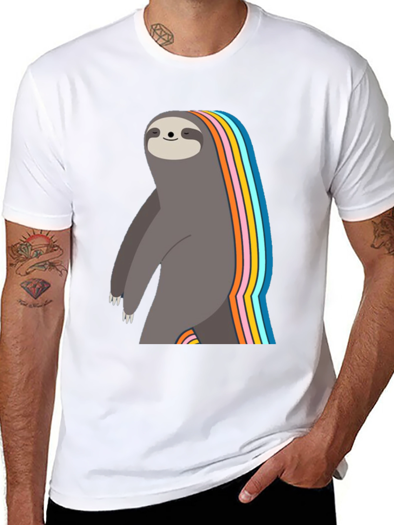 Black Rainbow Sloth Graphic T-Shirt - Men's Black Tee view 8