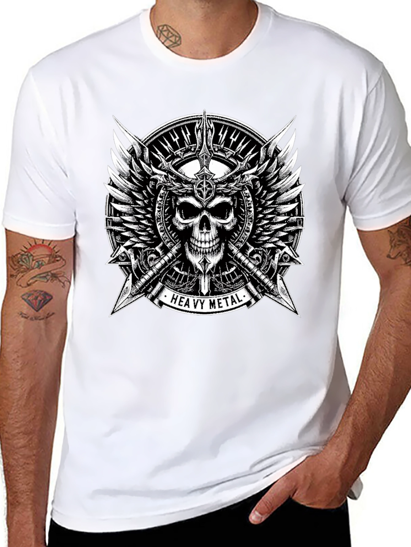 Black Heavy Metal Skull & Wings Black T-Shirt view 8