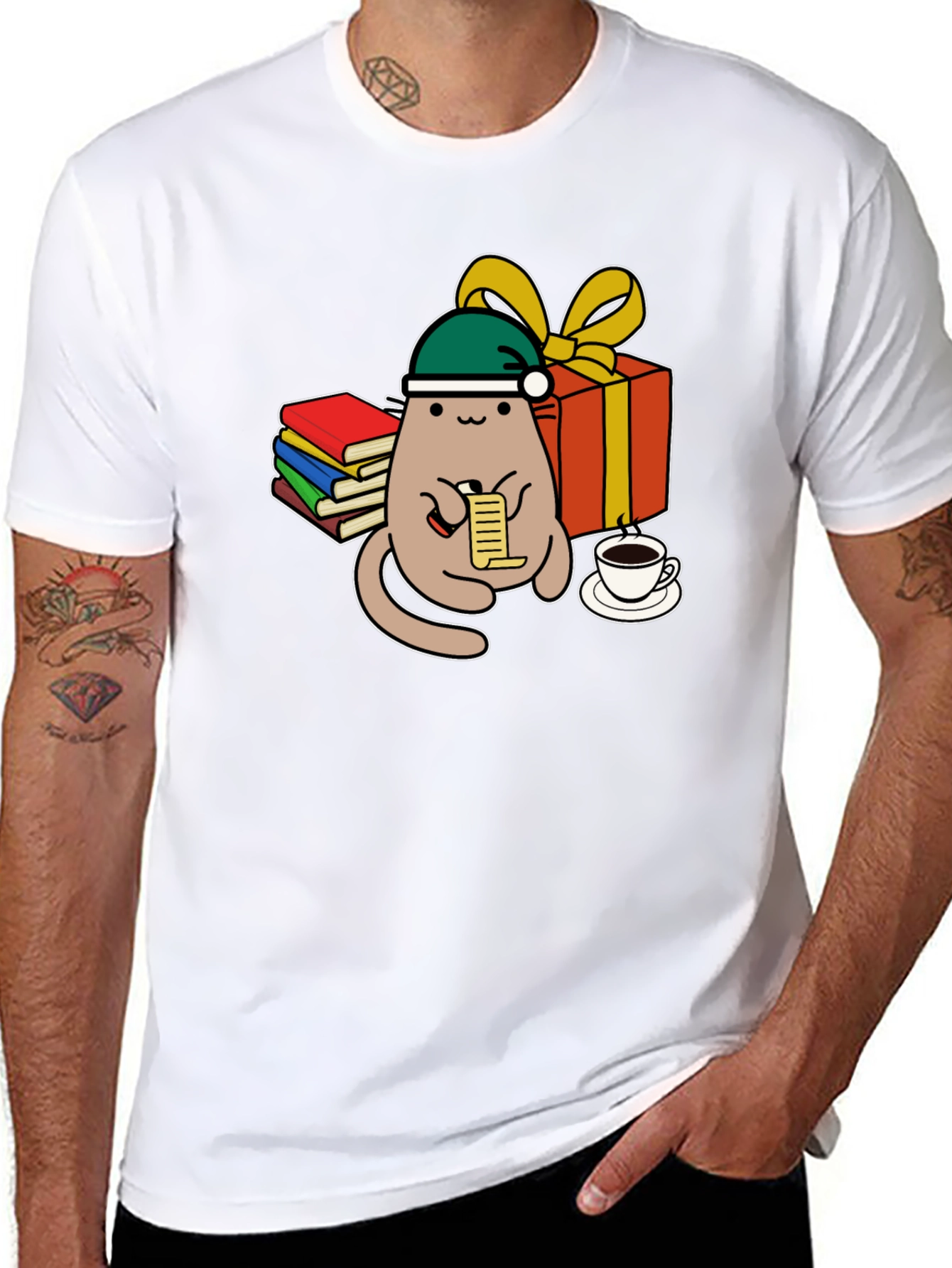 Black Festive Cat Reading Christmas List T-Shirt view 8