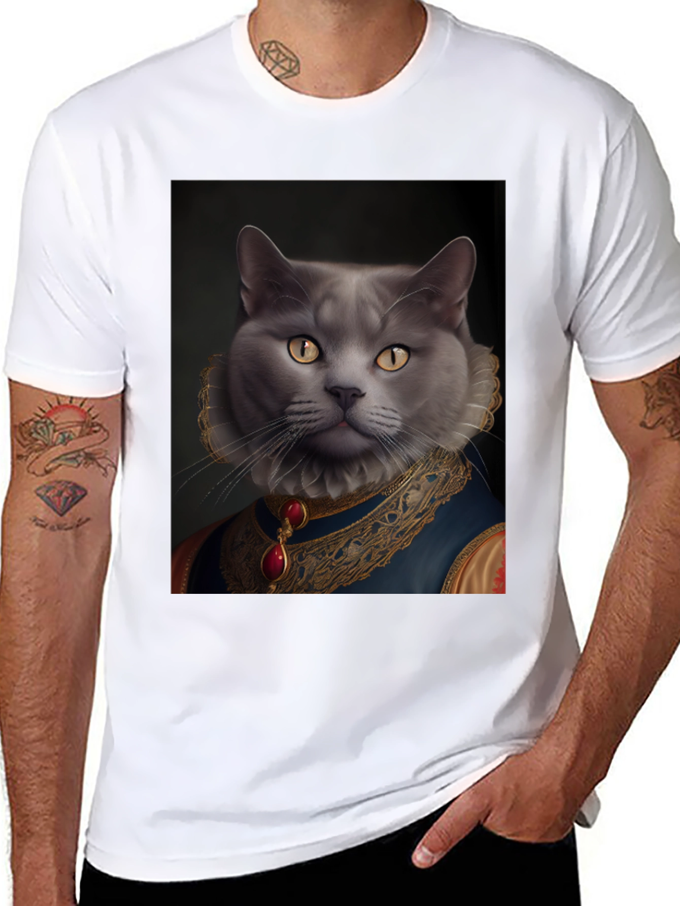 Black Royal Cat Portrait T-Shirt - Unique Novelty Tee view 8
