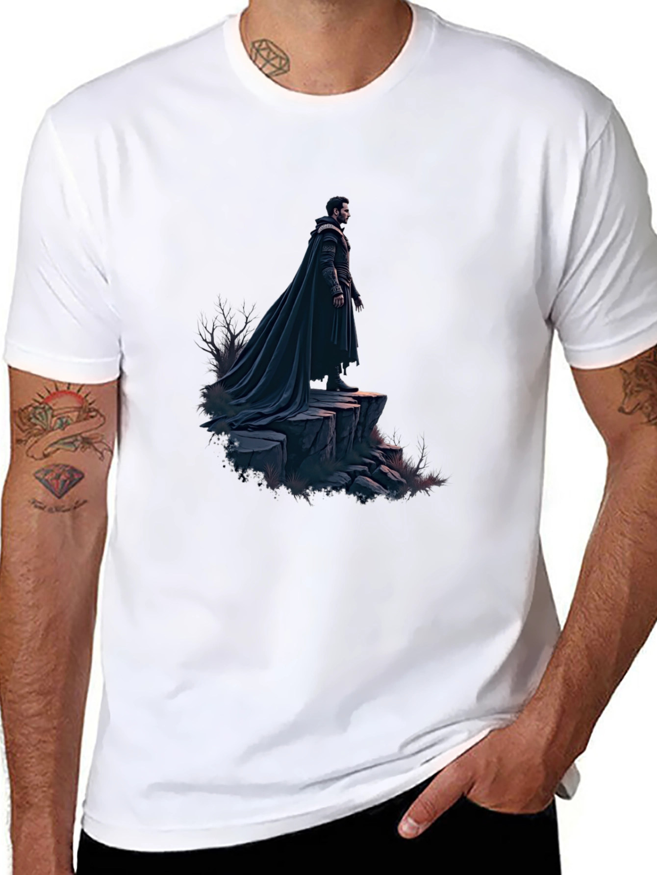 Black Black T-Shirt with Dramatic Cloaked Figure Graphic view 8