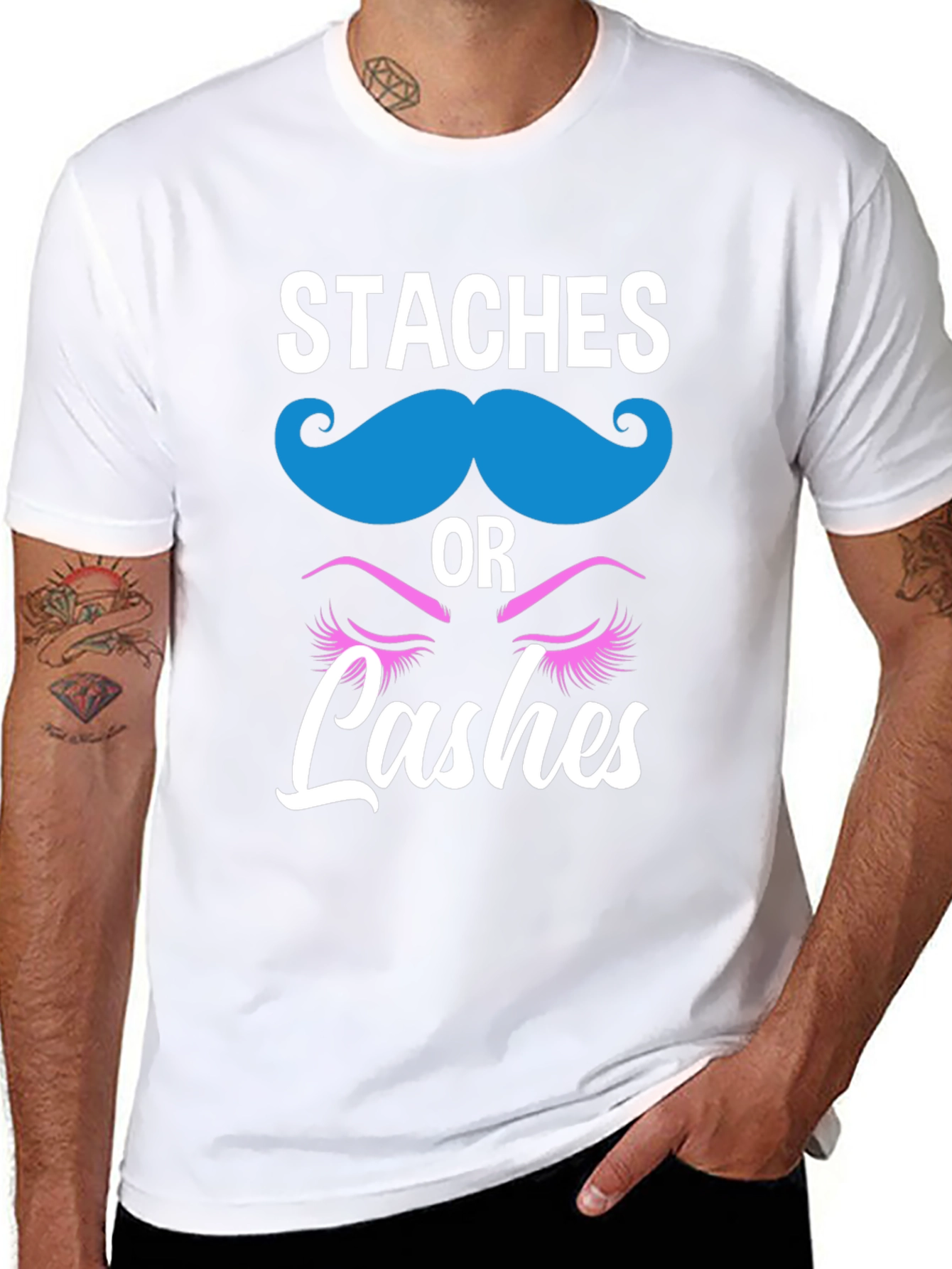 Black Staches or Lashes Gender Reveal T-Shirt view 8