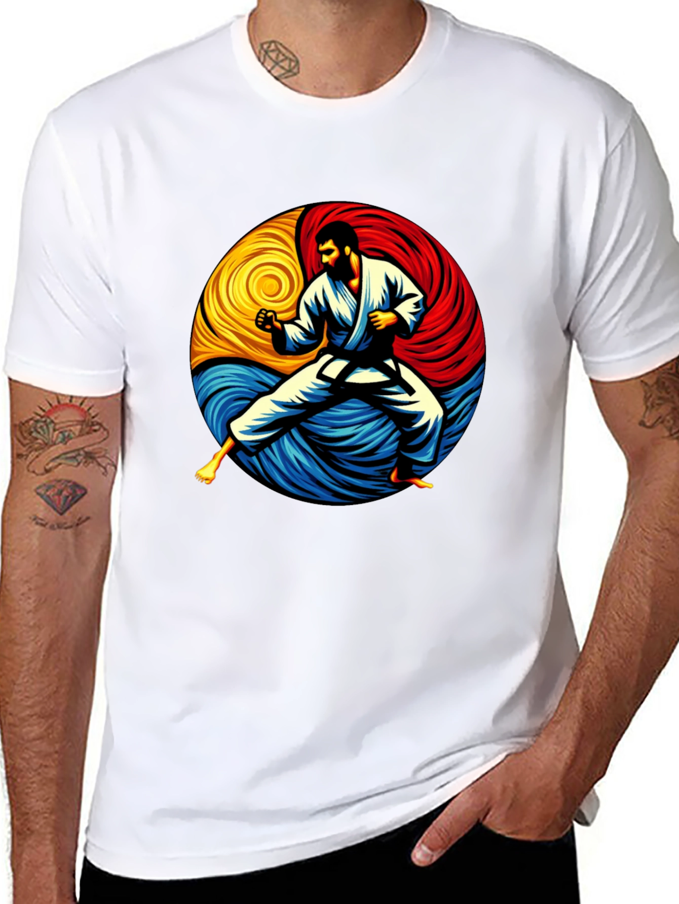 Black Karate Yin Yang Graphic Tee - Black Cotton Shirt view 8