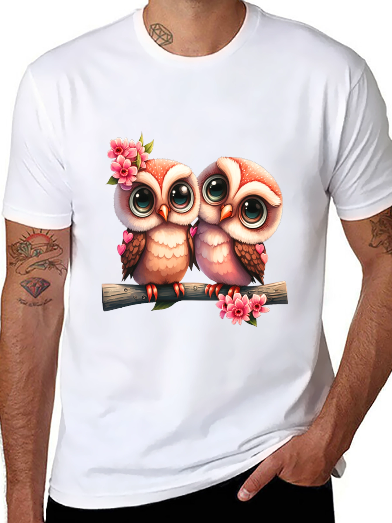 Black Owl Love Tee: Cute Cartoon Owls on Branch T-Shirt view 8