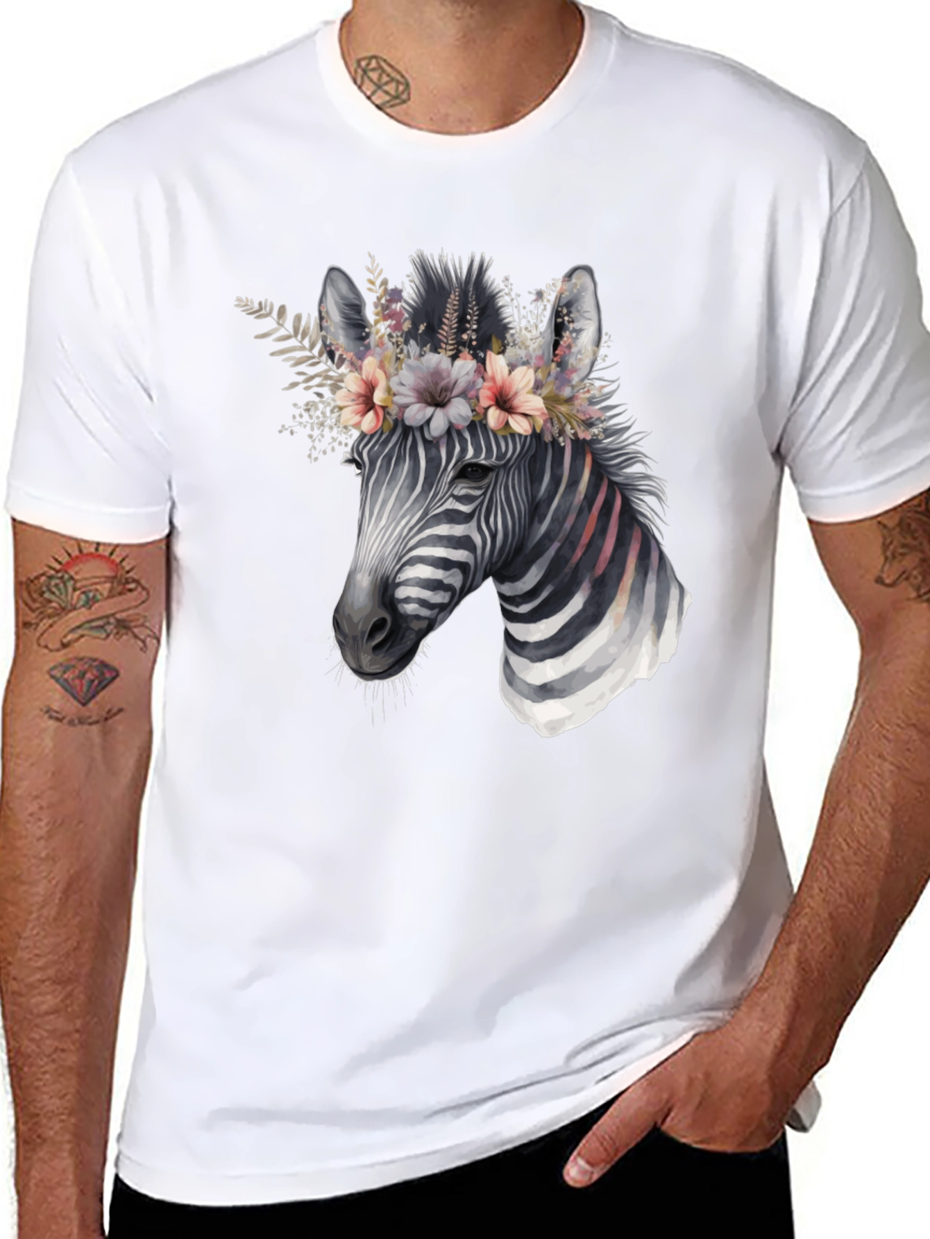 Black Zebra Floral Crown Graphic Tee - Unisex Cotton T-Shirt view 8