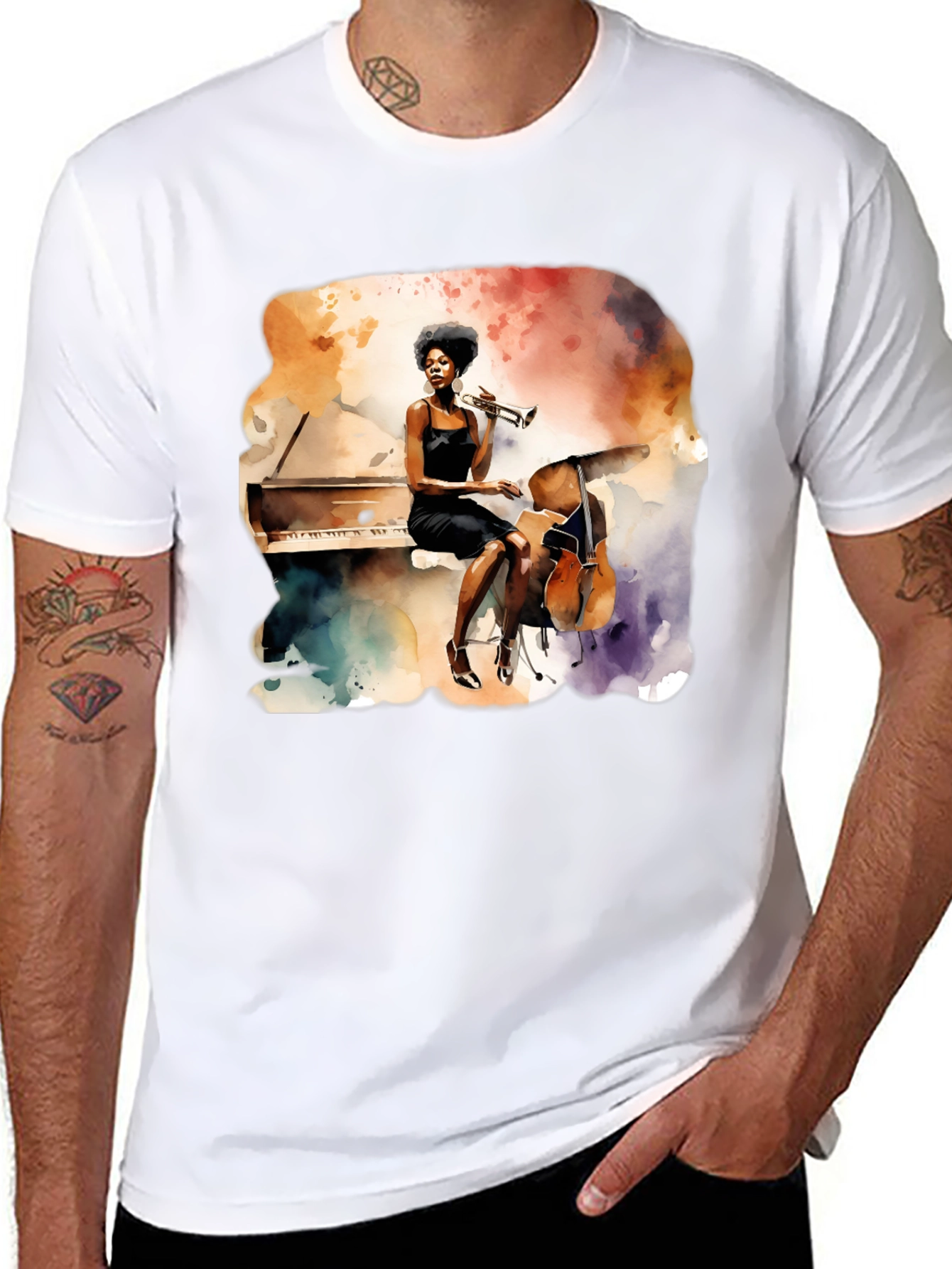 Black Watercolor Jazz Musician Unisex Tee view 8