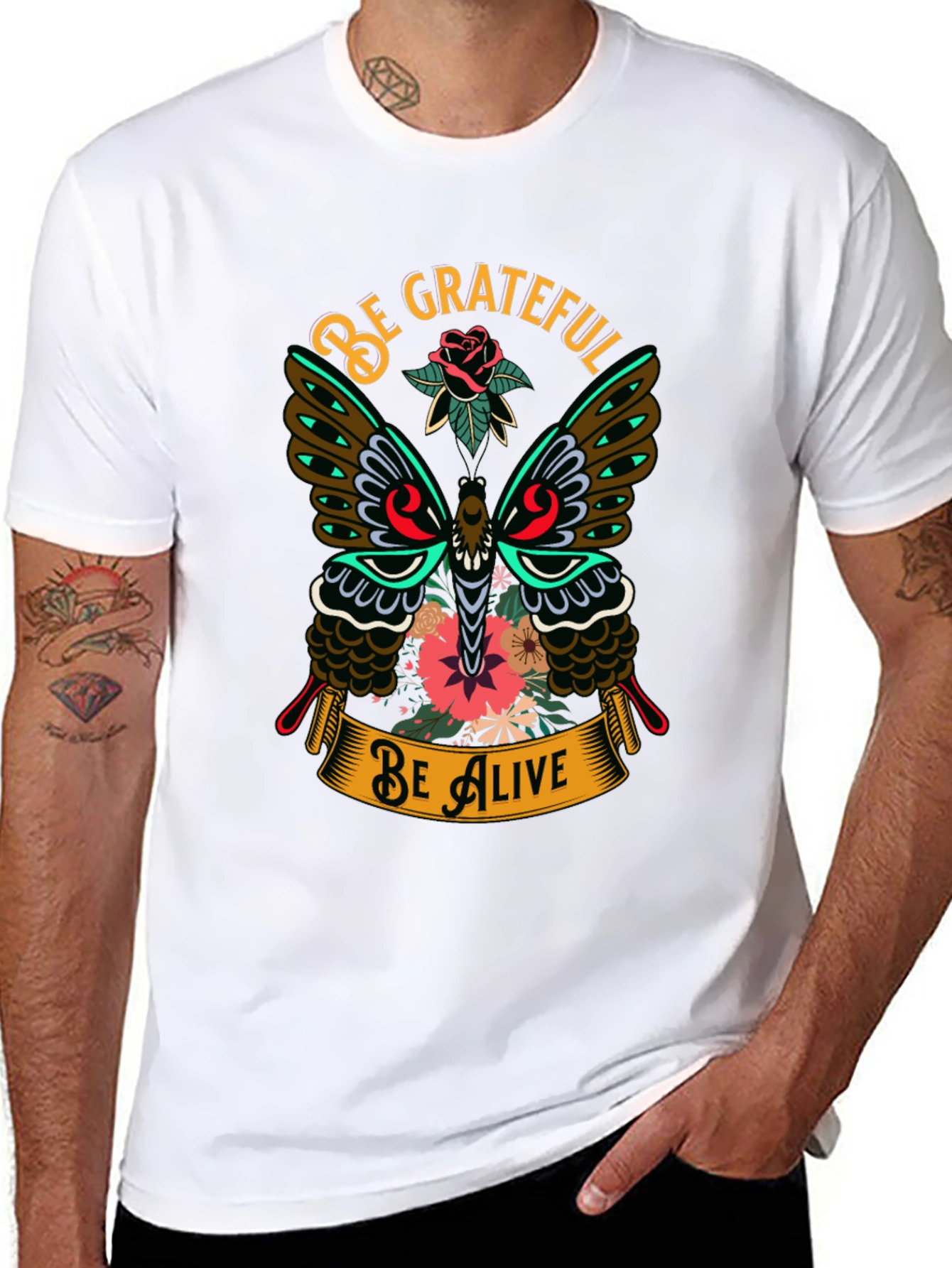 Black Be Grateful Be Alive Butterfly Graphic T-Shirt view 8