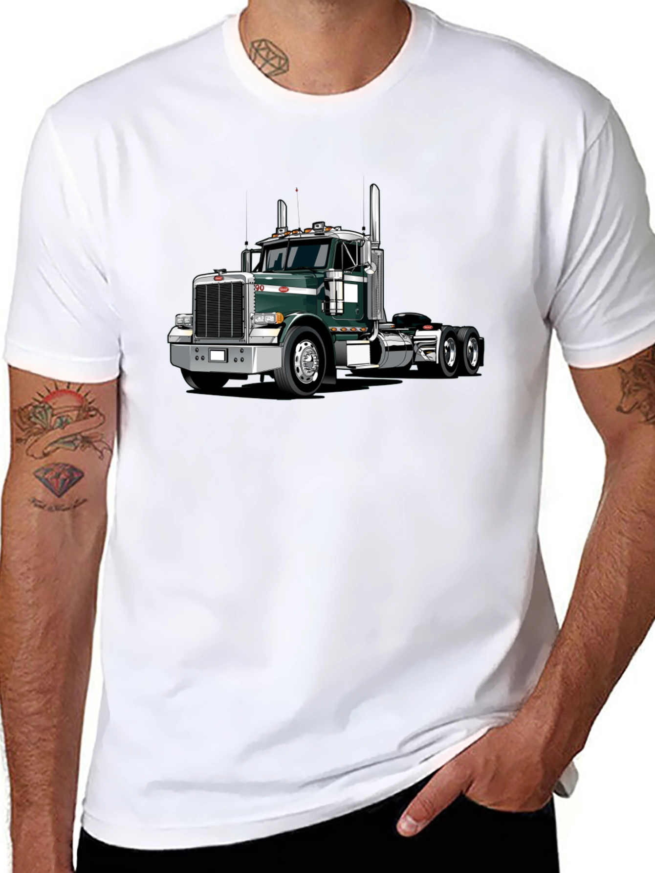 Black Trucker T-Shirt: Green Semi Truck Graphic Tee view 8