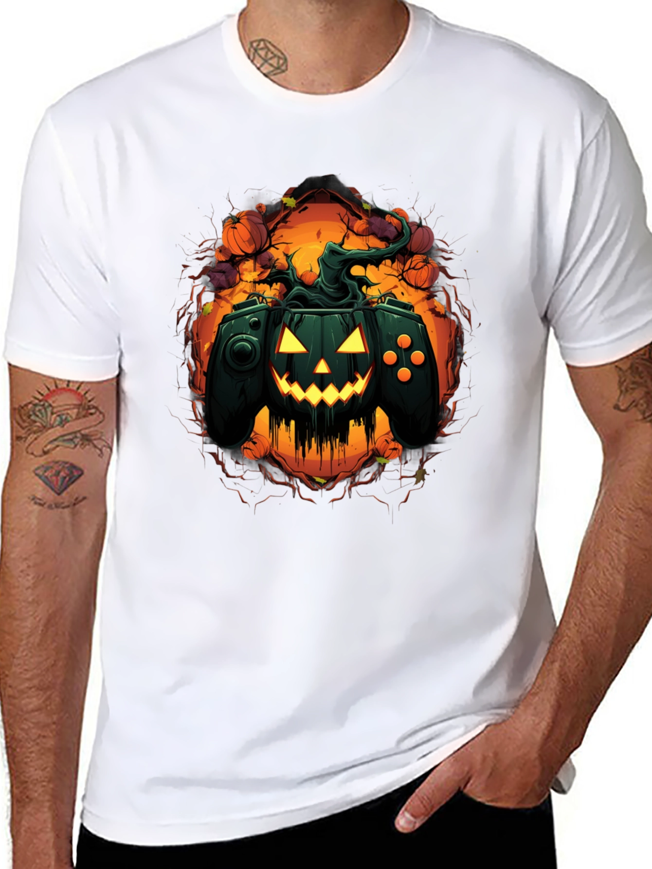 Black Halloween Gamer Pumpkin Black T-Shirt view 8
