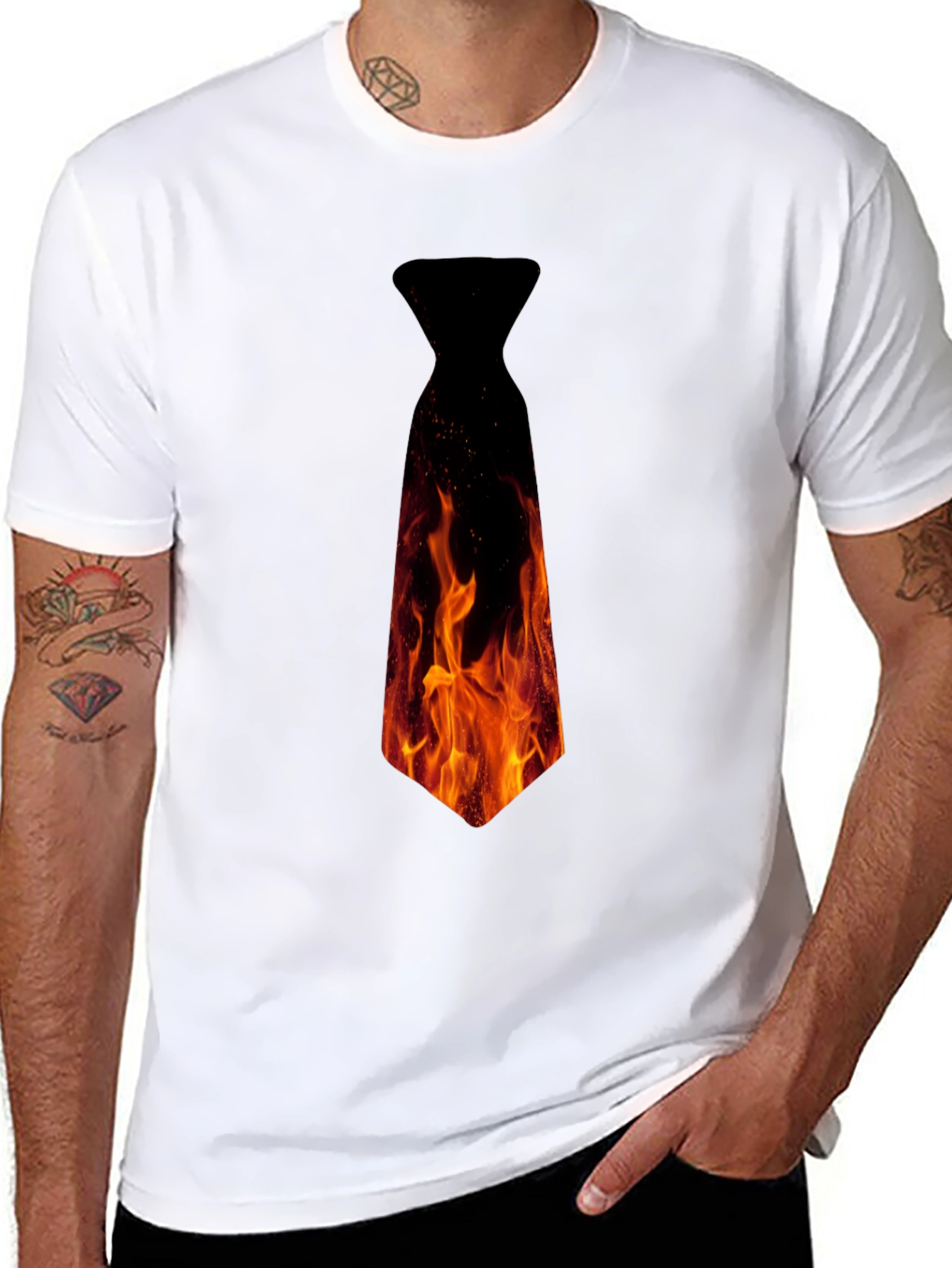 Black Fiery Necktie Graphic Tee - Black Cotton T-Shirt view 8