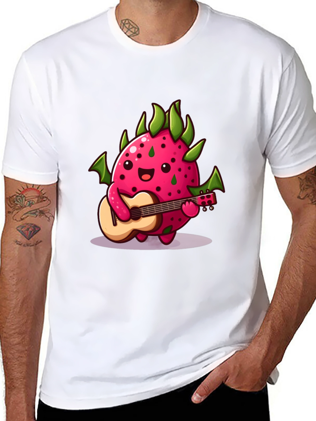 Black Cartoon Dragon Fruit Playing Guitar Black T-Shirt view 8