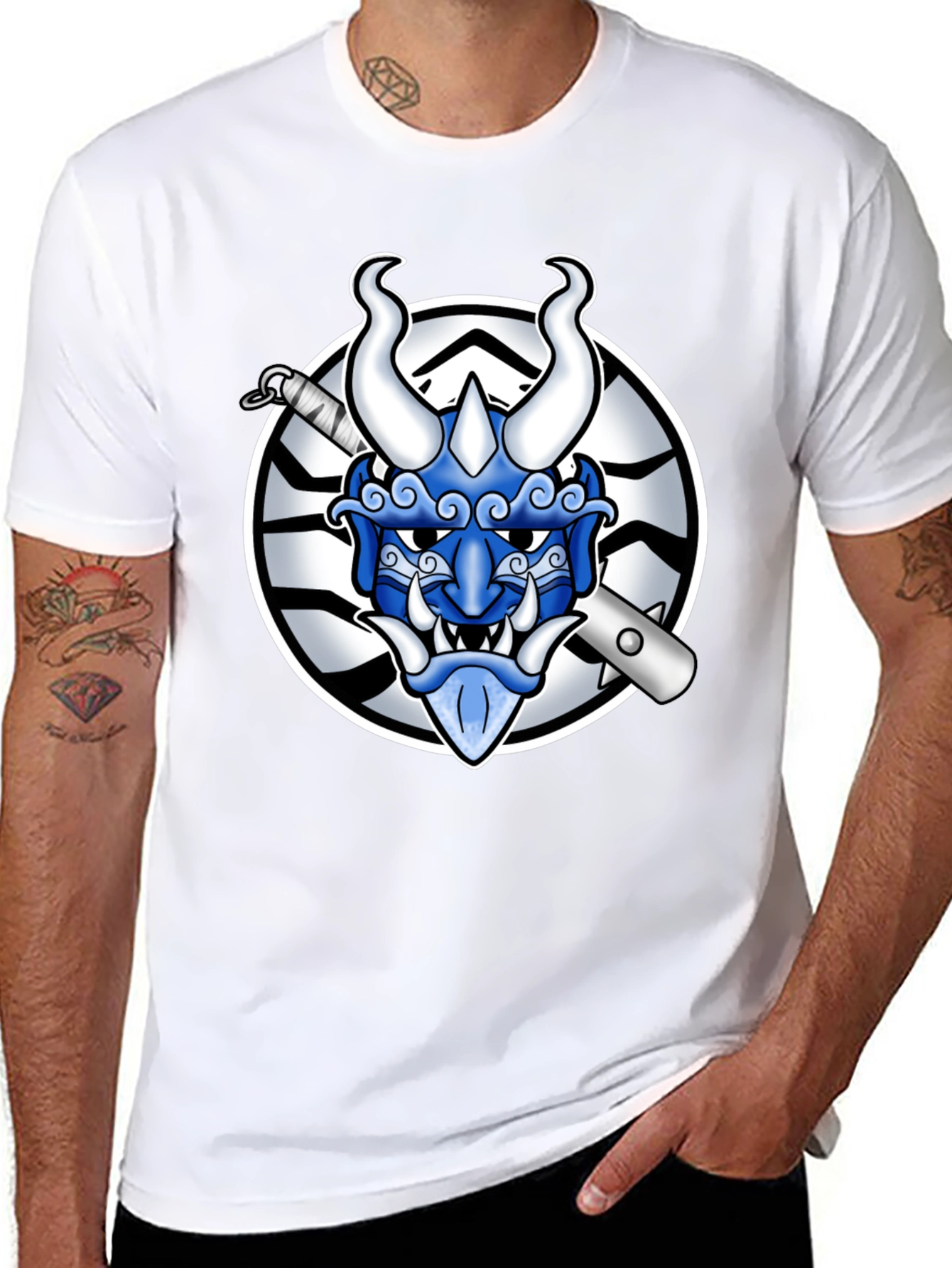 Black Black T-Shirt with Oni Mask Graphic view 8