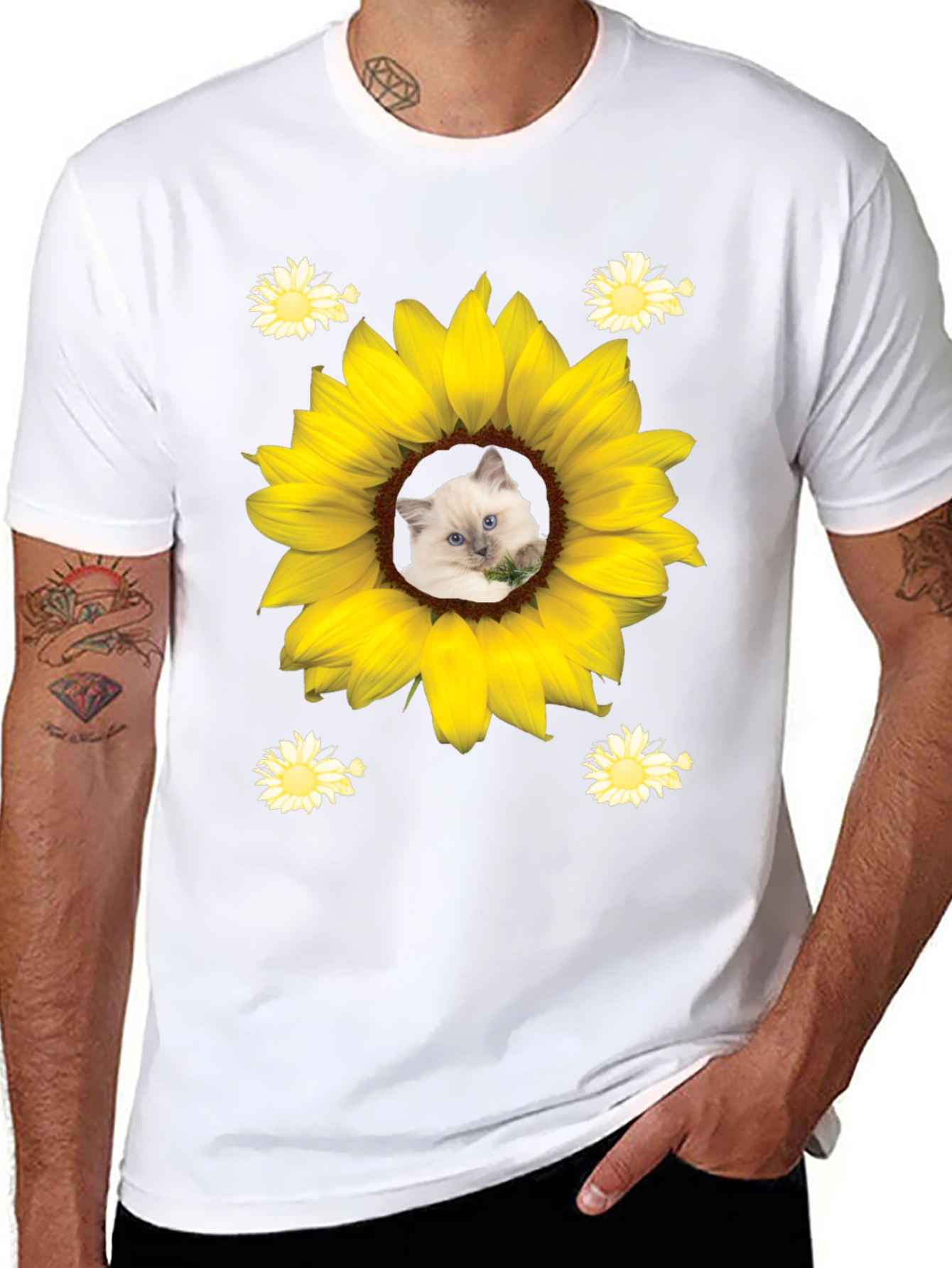 Black Sunflower Cat T-Shirt - Unique Graphic Tee view 8