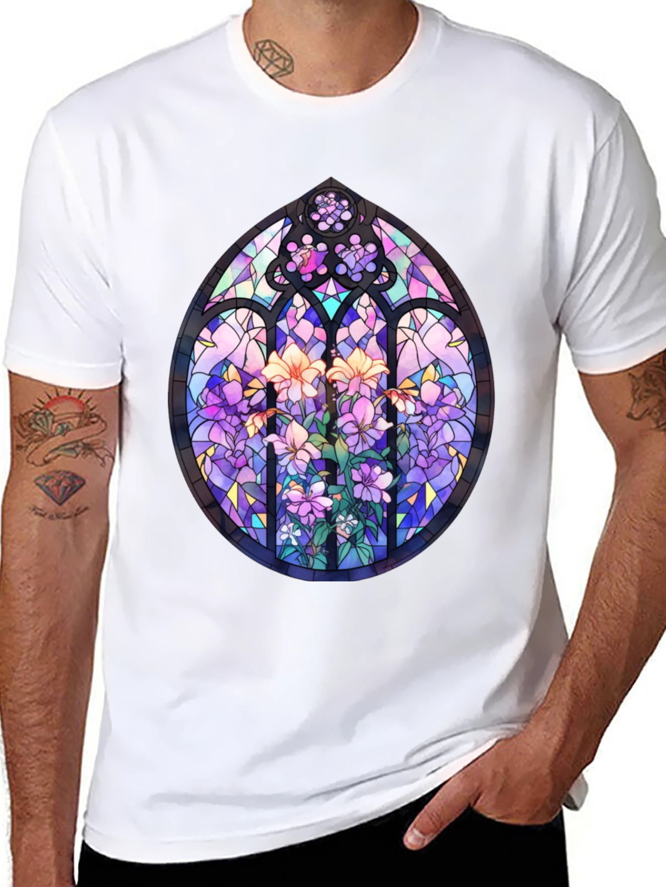Black Stained Glass Floral T-Shirt - Artistic Men's Tee view 8