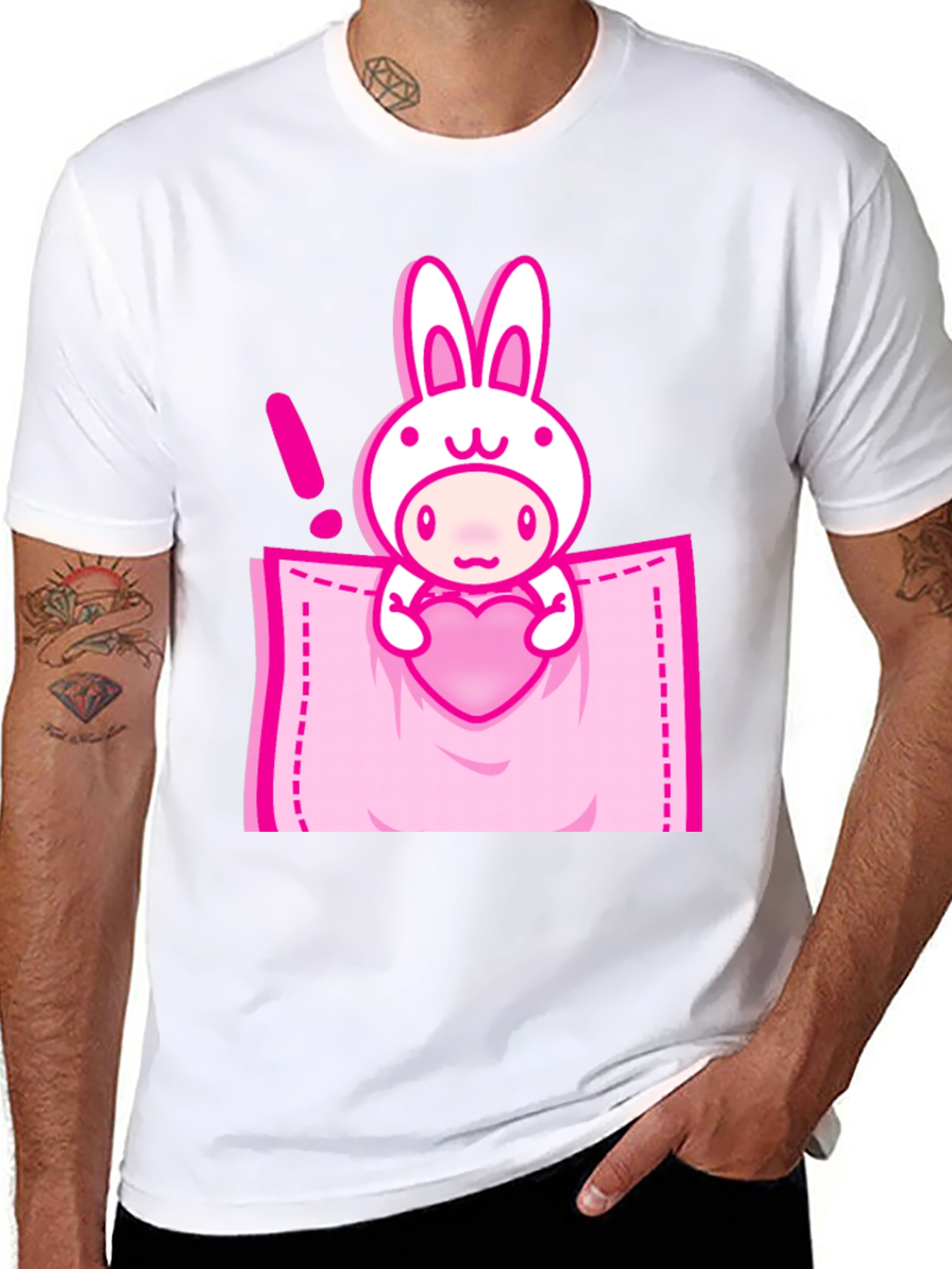 Black Cute Cartoon Rabbit Pocket T-Shirt view 8