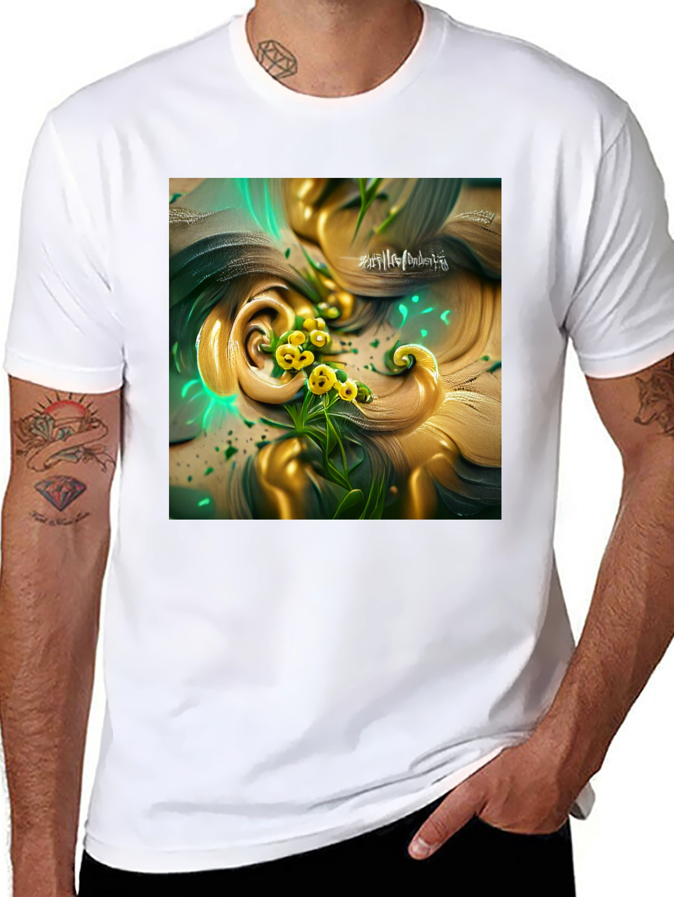 Black Black T-Shirt with Artistic Floral Design view 8