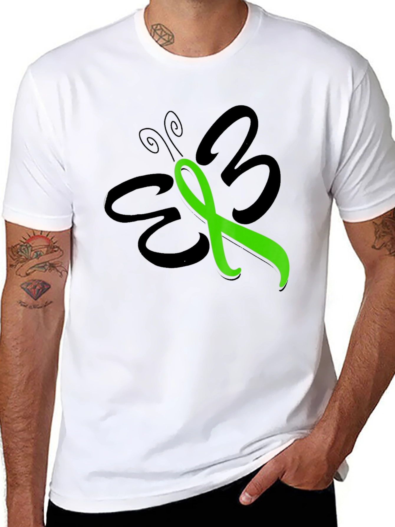 Black Green Ribbon Butterfly T-Shirt - Awareness Support view 8