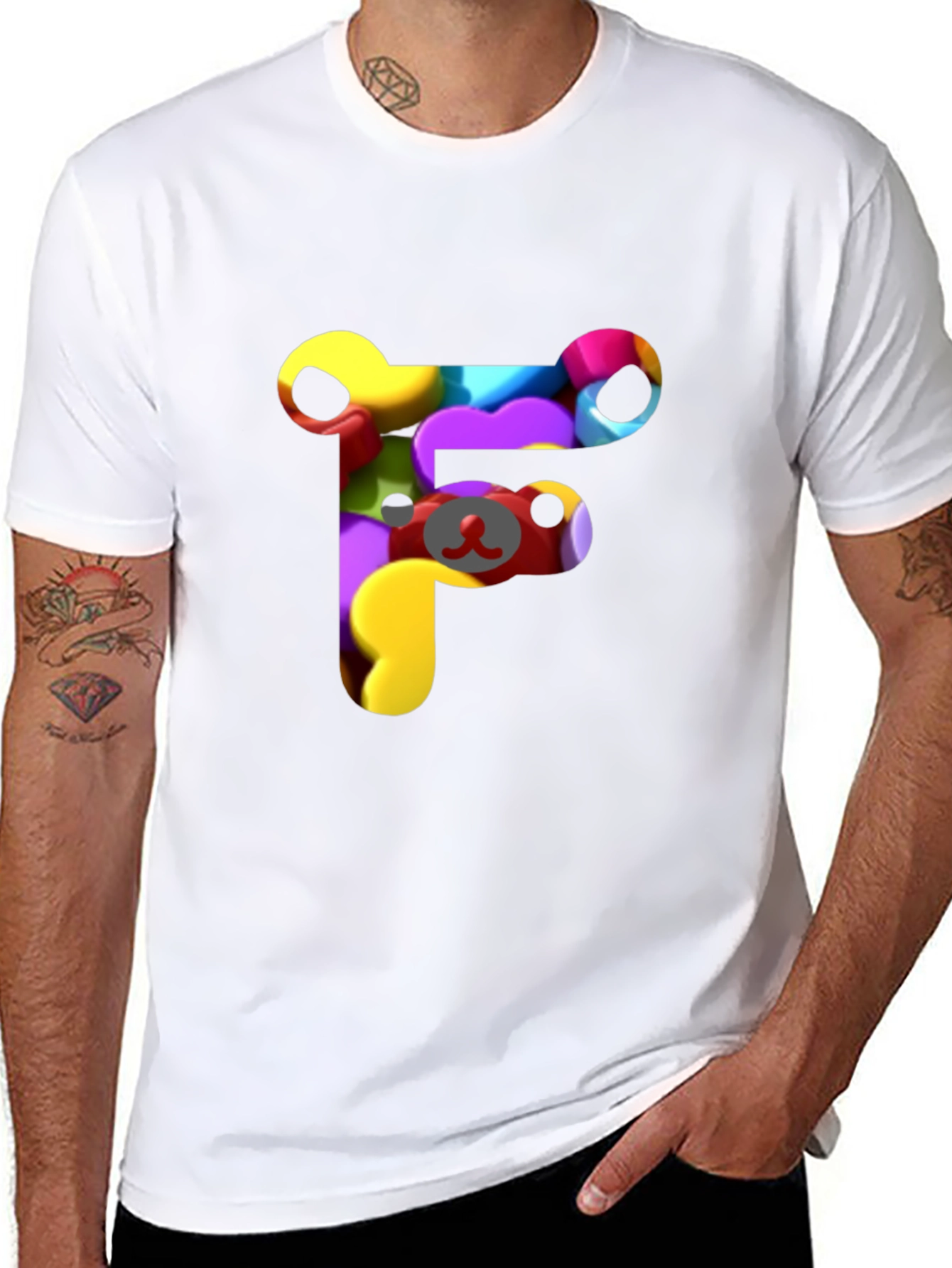 Black Colorful F Letter Bear T-Shirt view 8