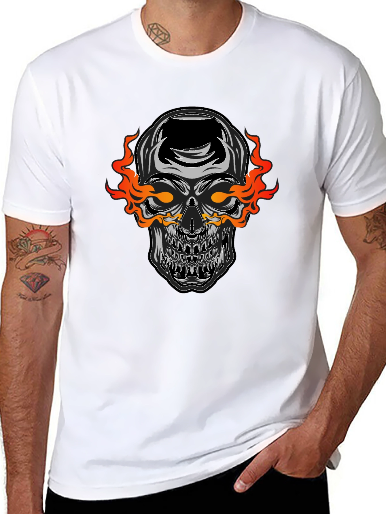 Black Flaming Skull Graphic Black T-Shirt view 8