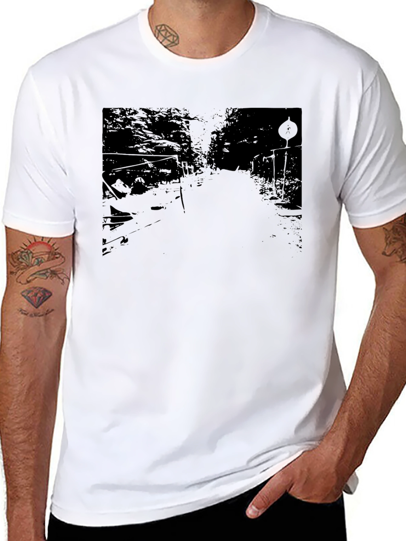Black Men's Black Graphic Tee - Road Scene Design view 8