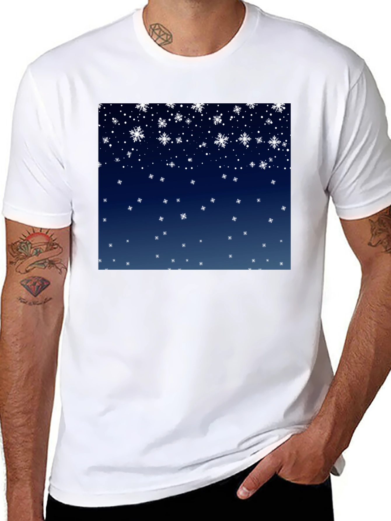 Black Snowflake Pattern T-Shirt - Winter Holiday Apparel view 8