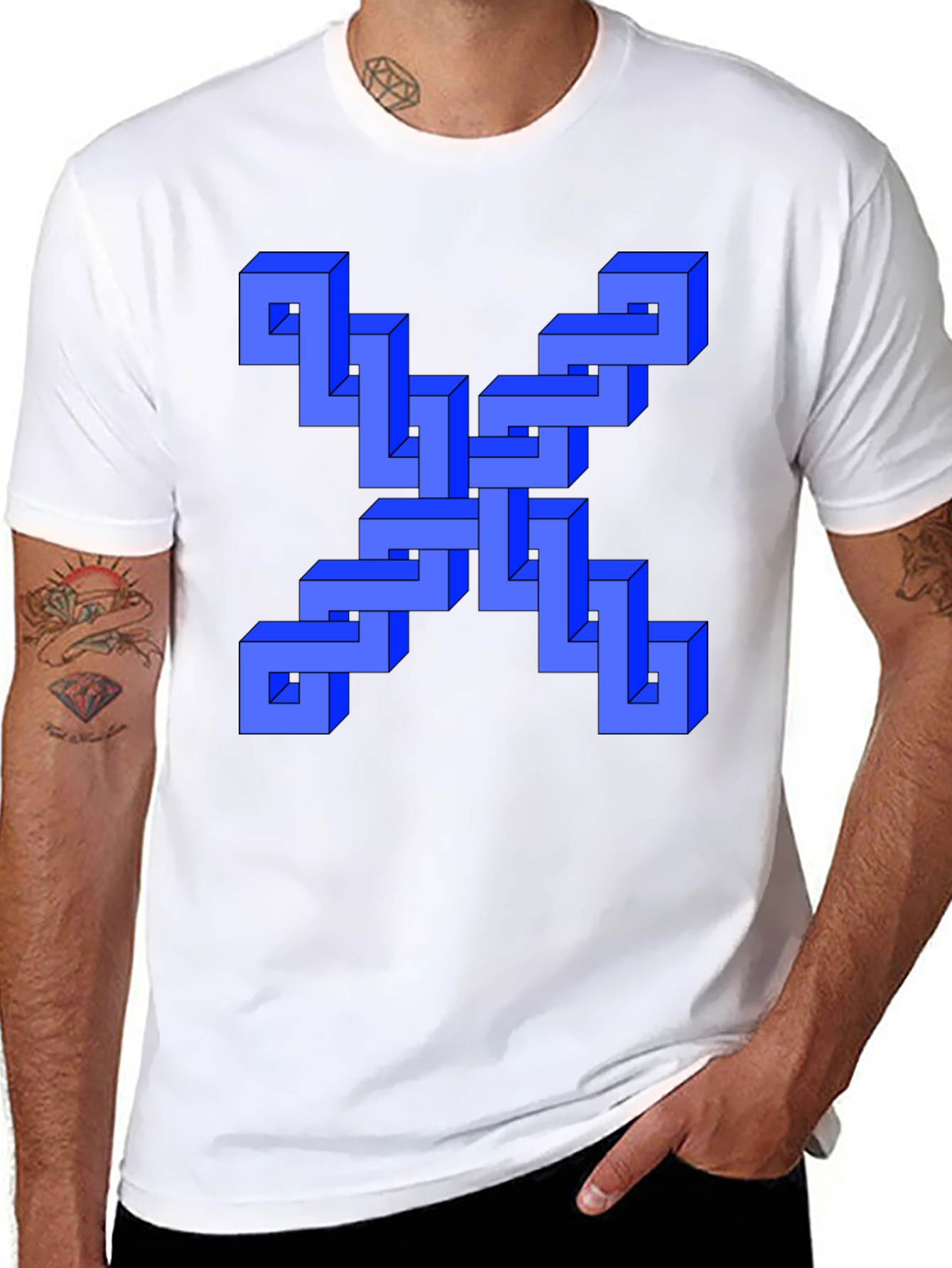 Black Optical Illusion Blue Cube Design Black T-Shirt view 8