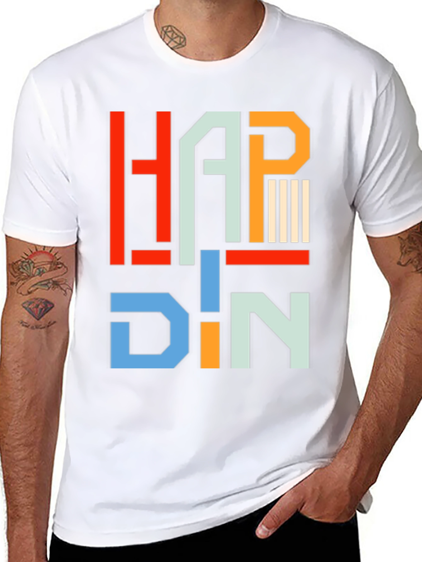 Black HAPP DIN T-Shirt - Geometric Letter Graphic Tee view 8
