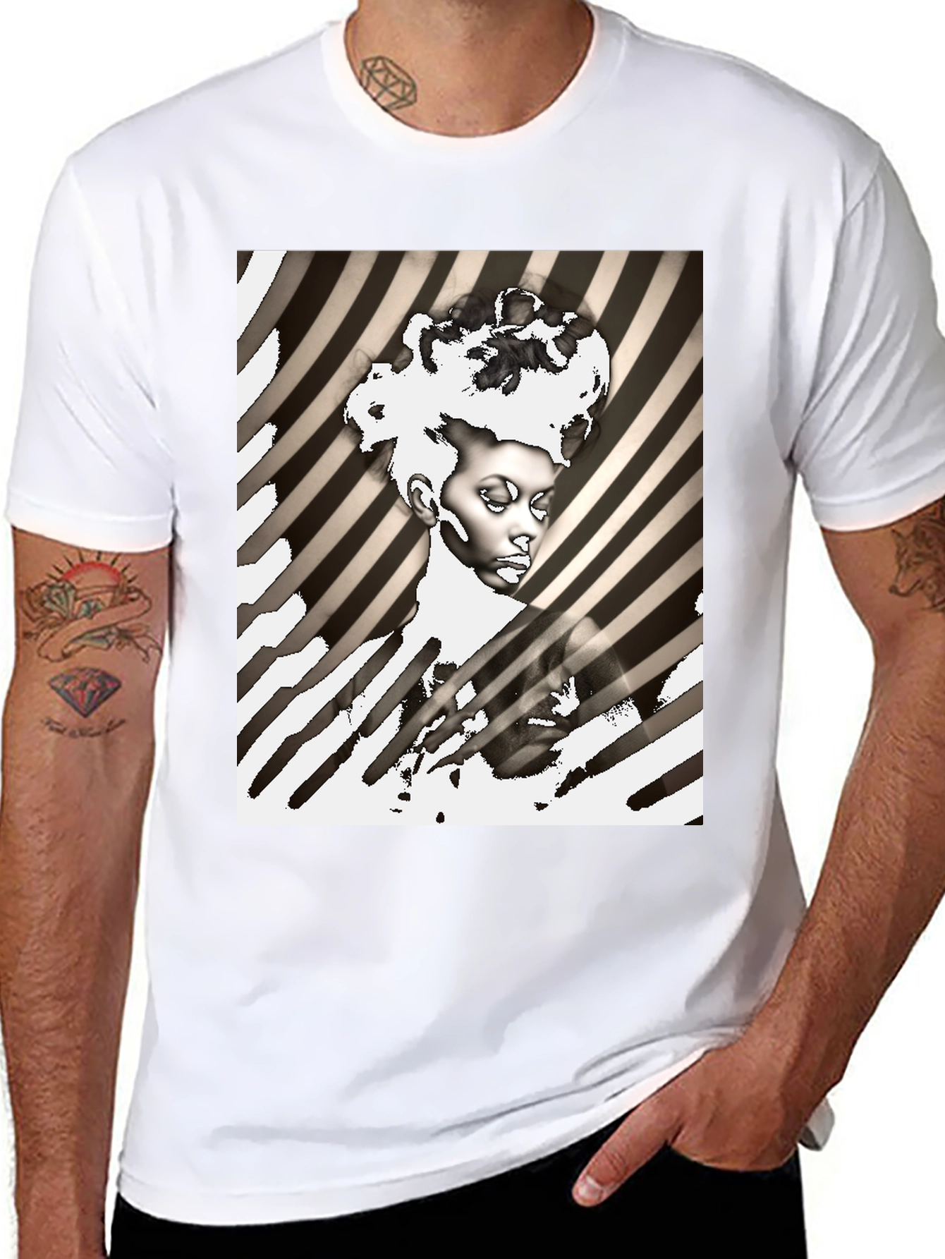 Black Striking Graphic Print Tee - Monochrome Art view 8