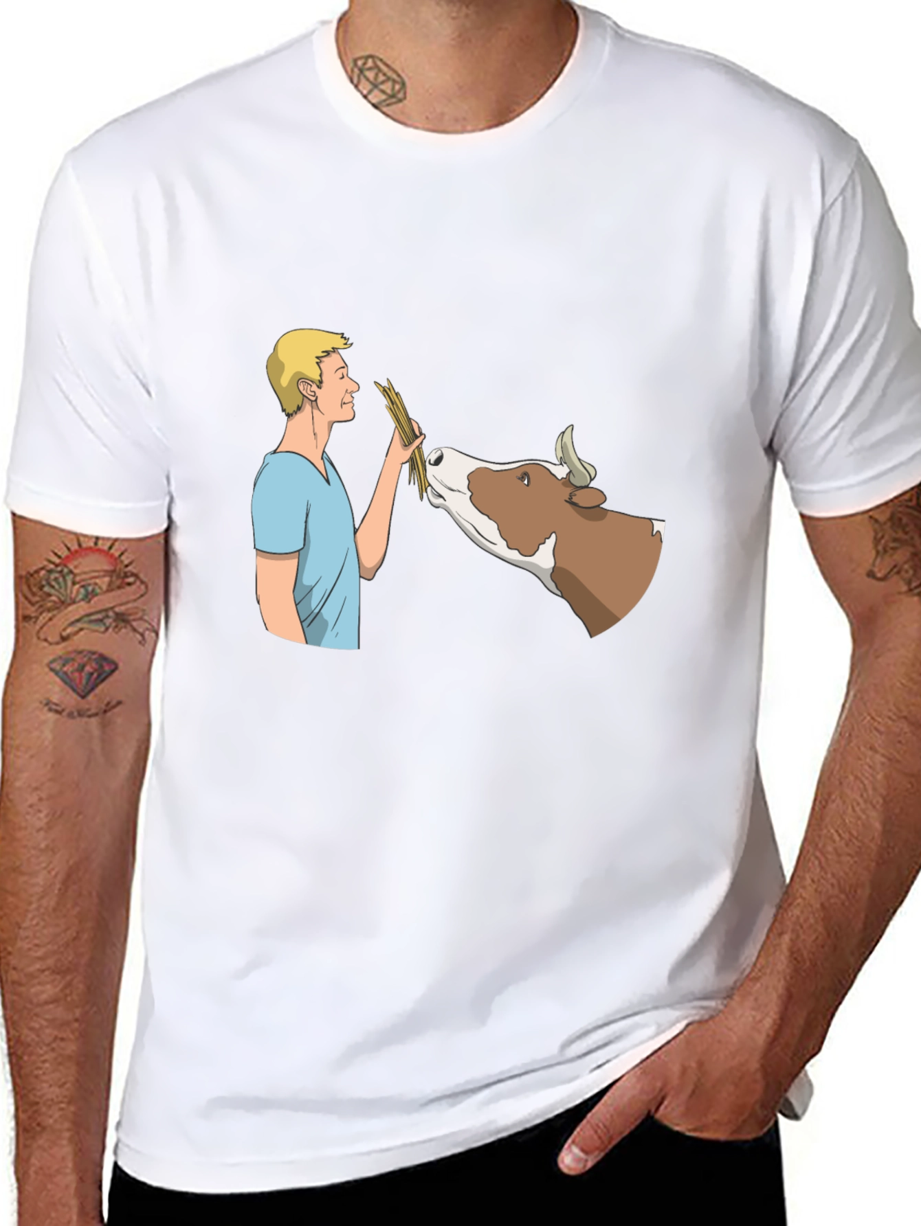 Black Man Feeding Cow Graphic Black T-Shirt view 8