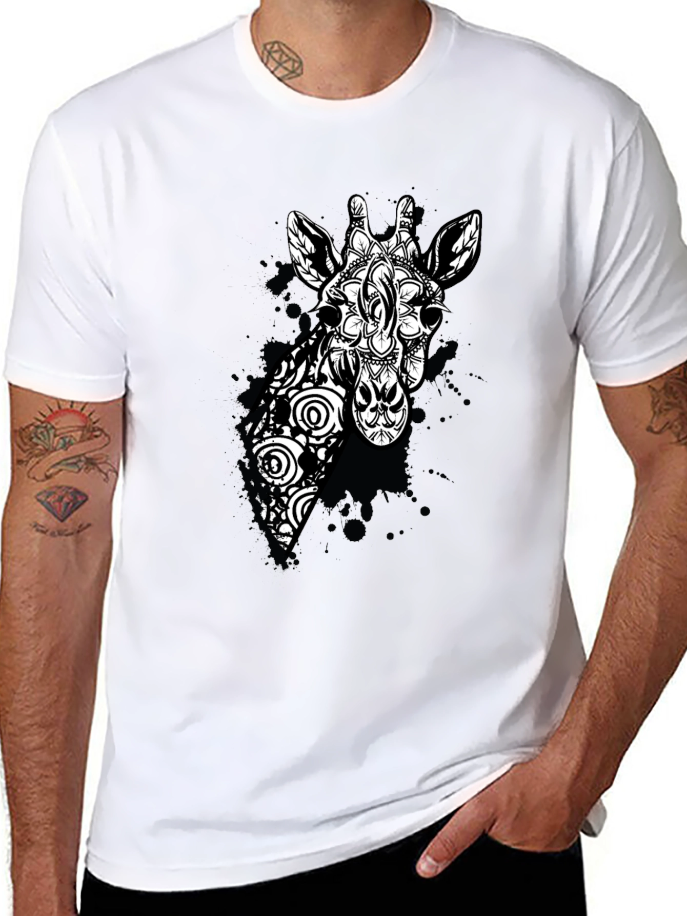 Black Giraffe Mandala Graphic Tee - Black Cotton T-Shirt view 8