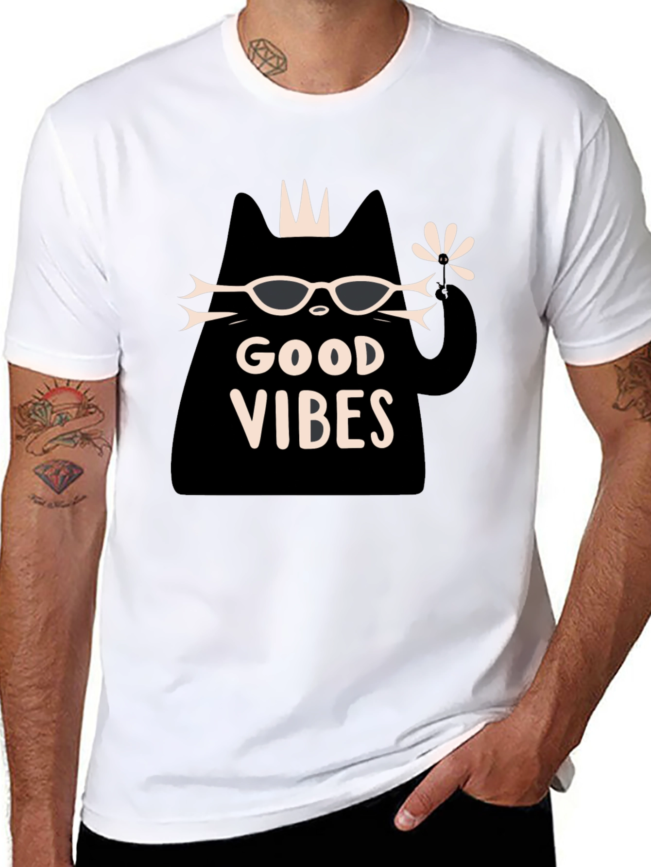 Black Good Vibes Cat Graphic T-Shirt - Black view 8